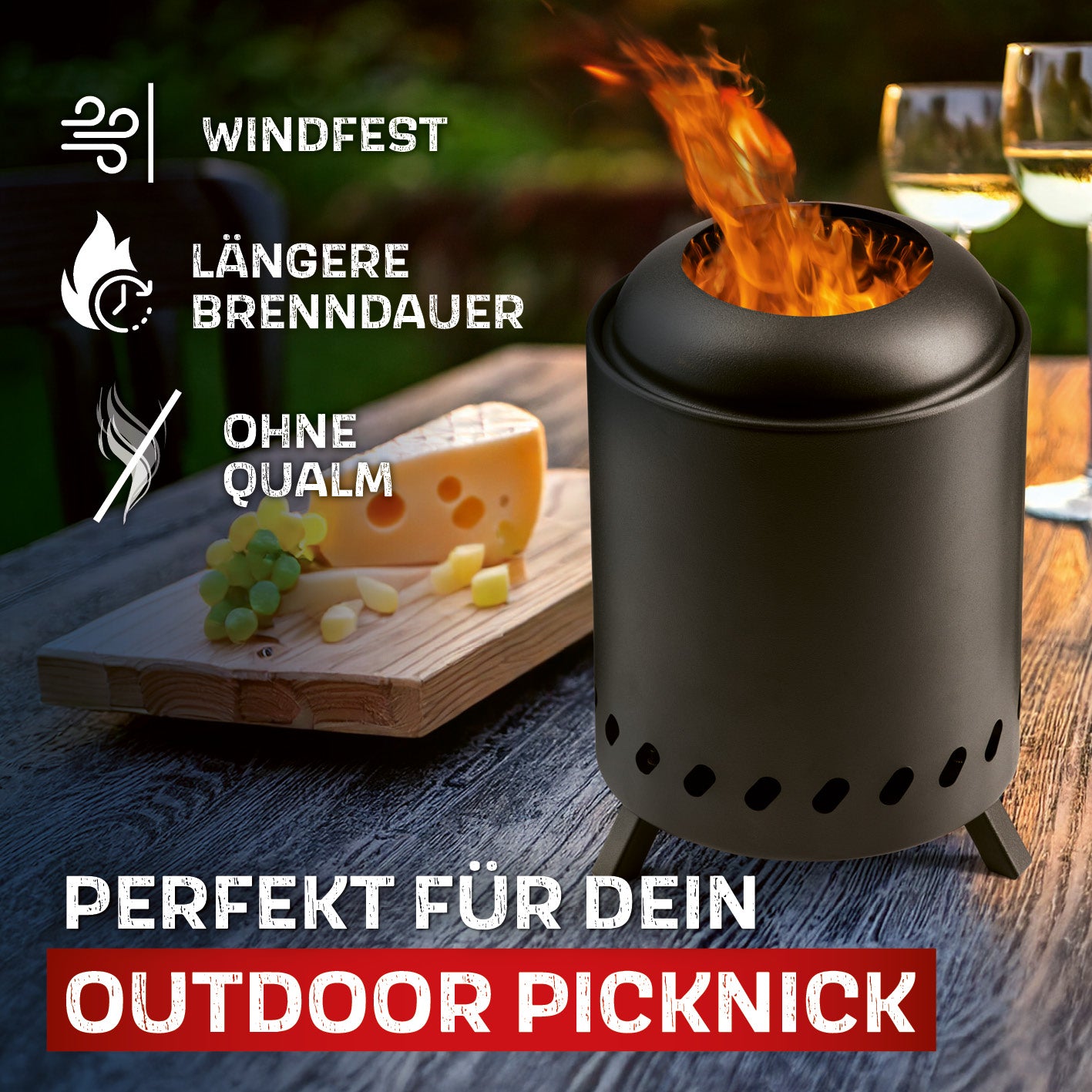 Feuerkorb raucharm - Ø 18 cm - Schwarz, kompakt, windfest und raucharm, ideal für Outdoor Picknick und längere Brenndauer.