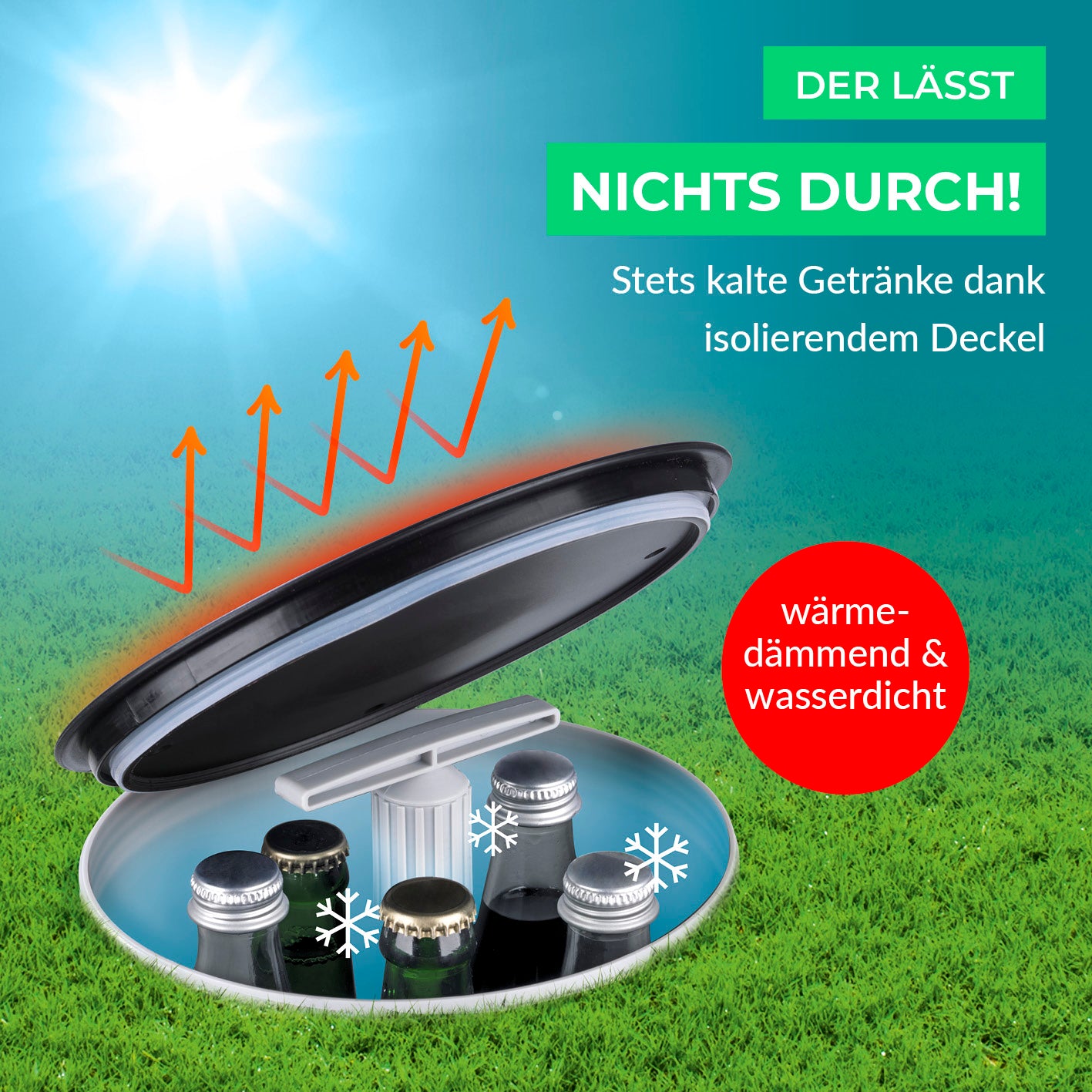 Outdoor-Flaschenkühler mit isolierendem Deckel, wasserdicht und wärmgedämmt für bis zu 13 Flaschen, stromlose Kühlung im Erdloch.
