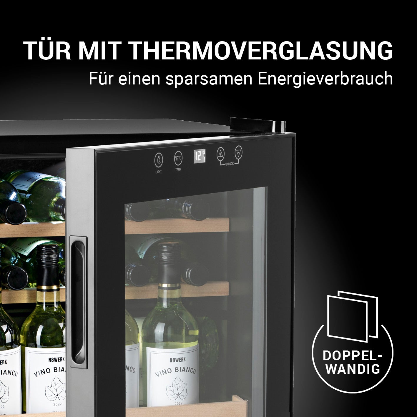 Weinkühlschrank - 15 Flaschen mit doppelwandiger Thermoverglasung für energiesparende, vibrationsfreie Kühlung und LED-Innenbeleuchtung.