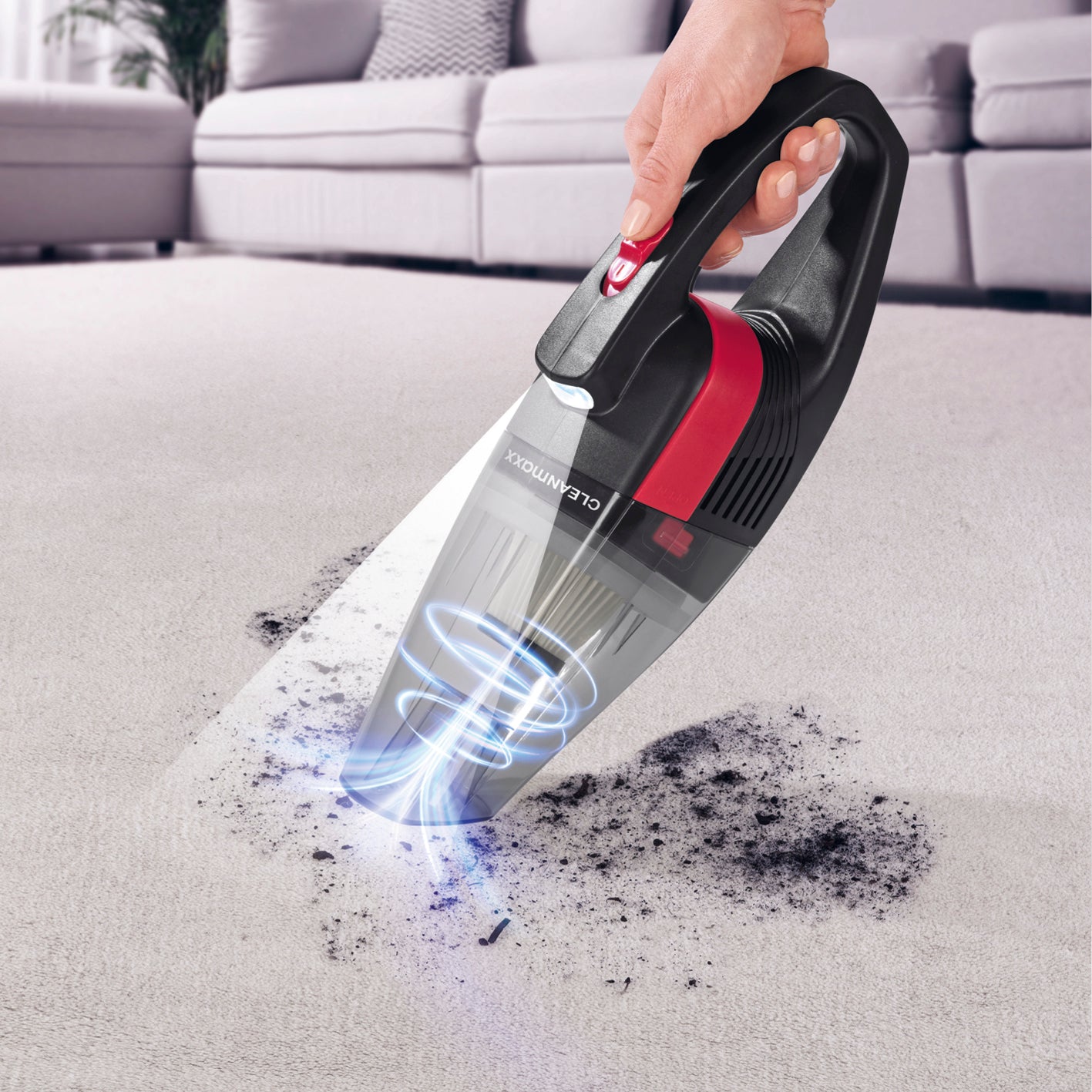 Akku-Handstaubsauger - grau/rot, kabellos mit LED, leistungsstarkem Akku und abnehmbarem Schmutzauffangbehälter, ideal für schwer erreichbare Stellen.