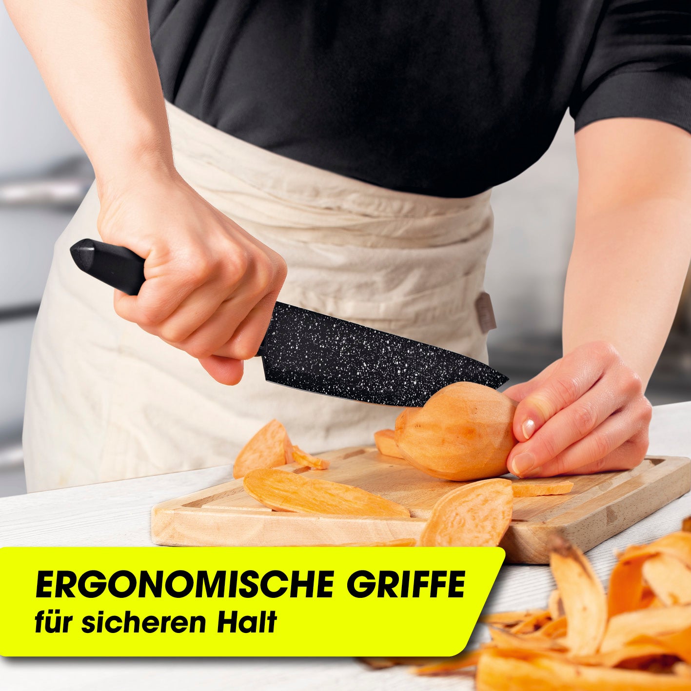 Messerset inkl. Sparschäler - 6-tlg. mit ergonomischem Griff und Antihaftbeschichtung für sicheres Schneiden und einfache Reinigung.