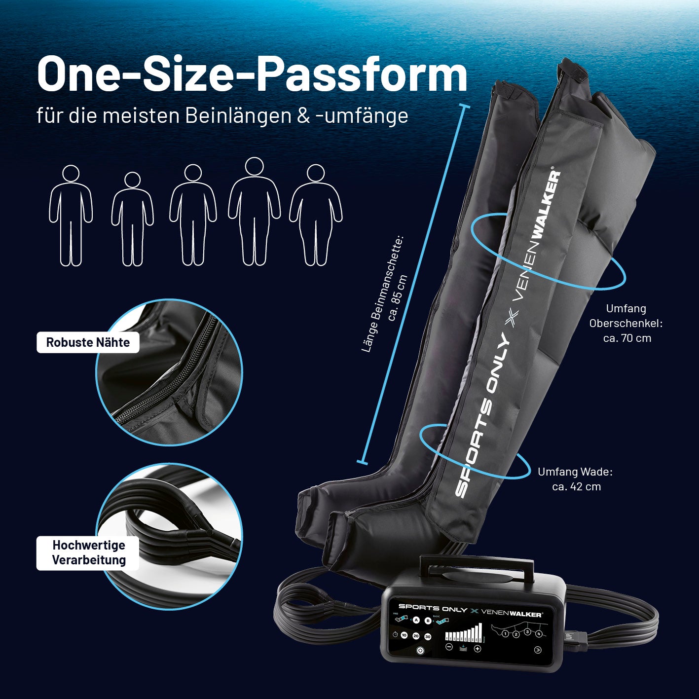 Massageboots zur Kompressionstherapie mit 10 Intensitätsstufen in One-Size-Passform für verschiedene Beinlängen und -umfänge.