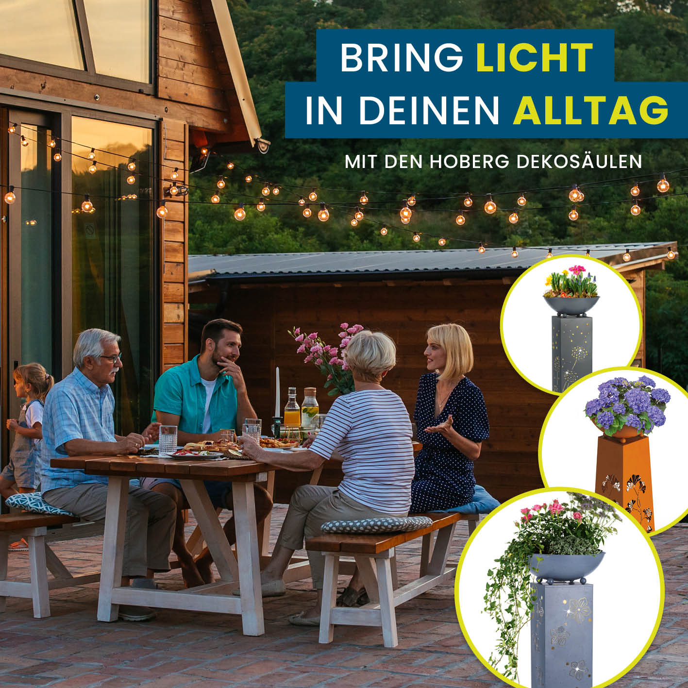 LED Pflanzsäule in 3D Beton-Optik mit Schmetterling-Design, LED-Beleuchtung und abnehmbarer Pflanzschale, wetterbeständig und flexibel.