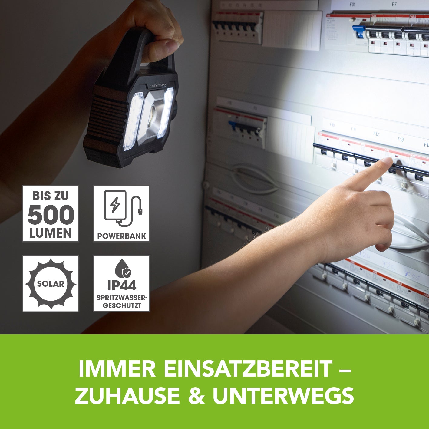 Solar-Arbeitsleuchte mobil - Schwarz mit bis zu 500 Lumen, Solaraufladung, Powerbankfunktion und Spritzwasserschutz ideal für dunkle Arbeitsbereiche.
