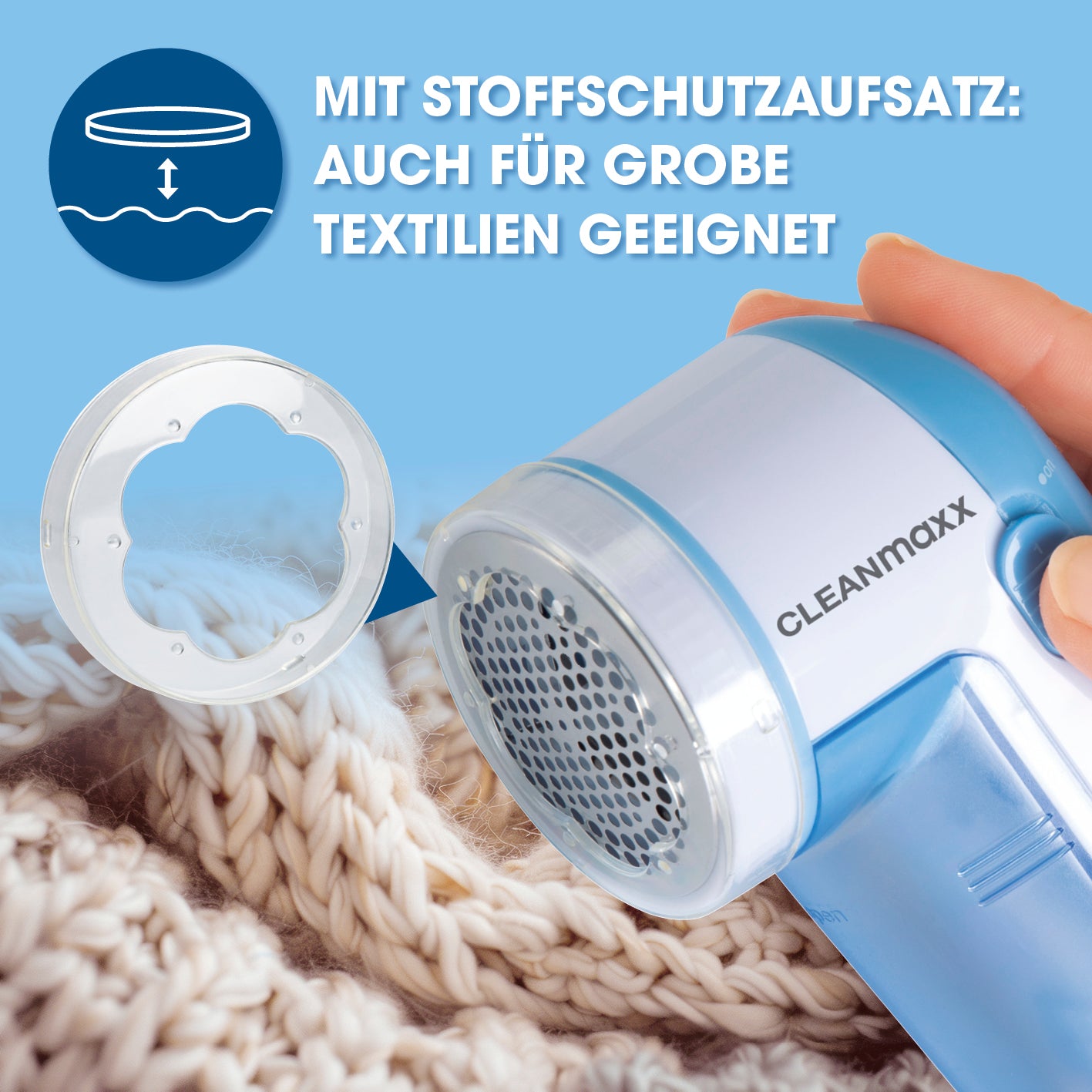 Fusselrasierer mit Stoffschutzaufsatz für grobe Textilien, kabellos und effektiv zum Entfernen von Fusseln und Knötchen.