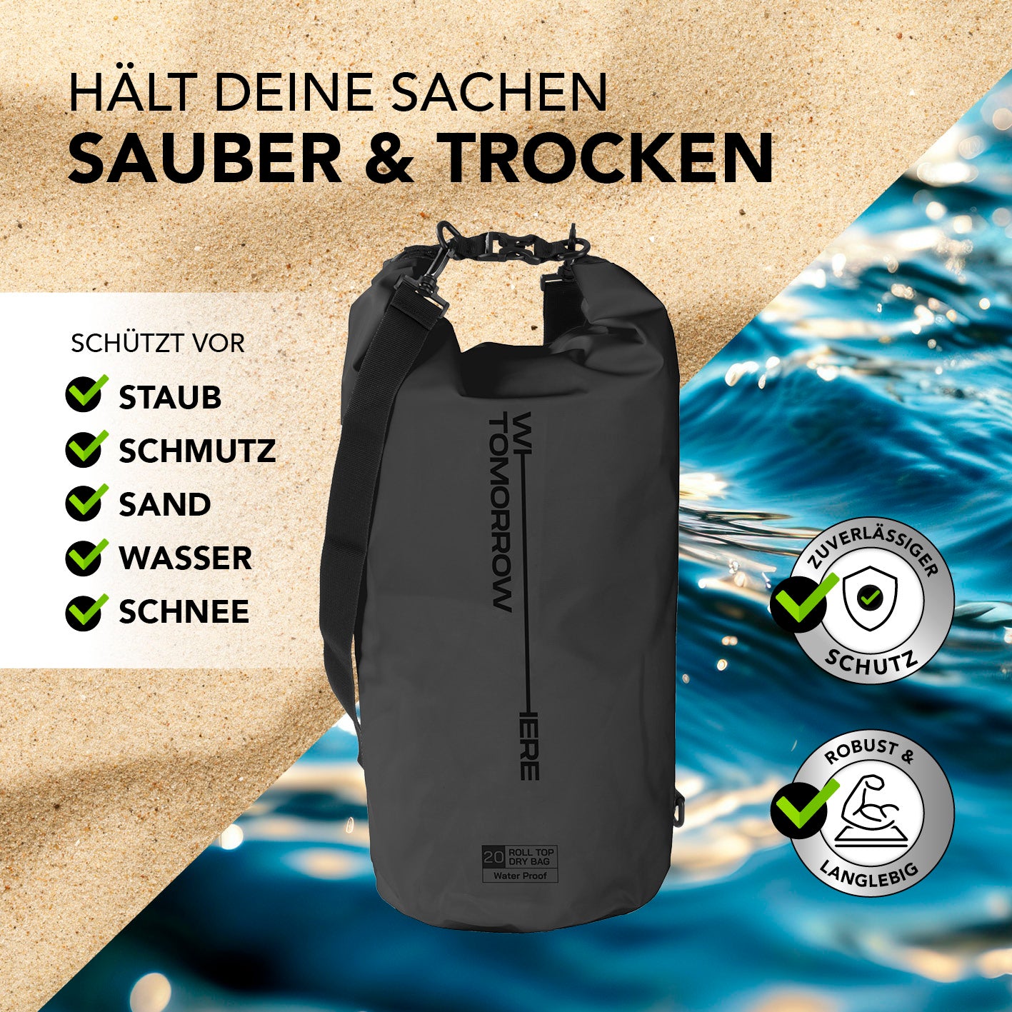 Dry Bag 20L - Style 02 - Schwarz, wasserdichter, robuster Outdoor-Rucksack mit Rolltop-Verschluss zum Schutz vor Staub, Wasser und Sand.