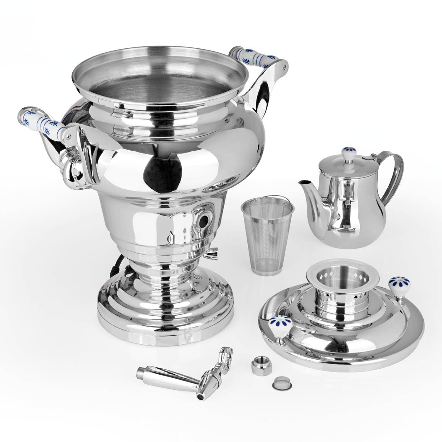 SORAYA Samowar - 10 l | Edelstahl zerlegt, zeigt Teebehälter, Kanne, Tasse und Deckel in glänzendem Edelstahldesign.