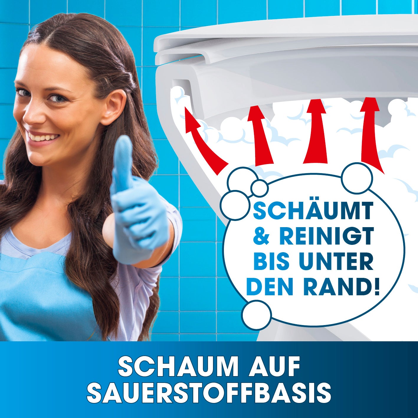 WC-Intensivschaum - 1,5 kg zeigt schaumende Reinigung bis unter den Toilettenrand auf Sauerstoffbasis für hygienische Sauberkeit.