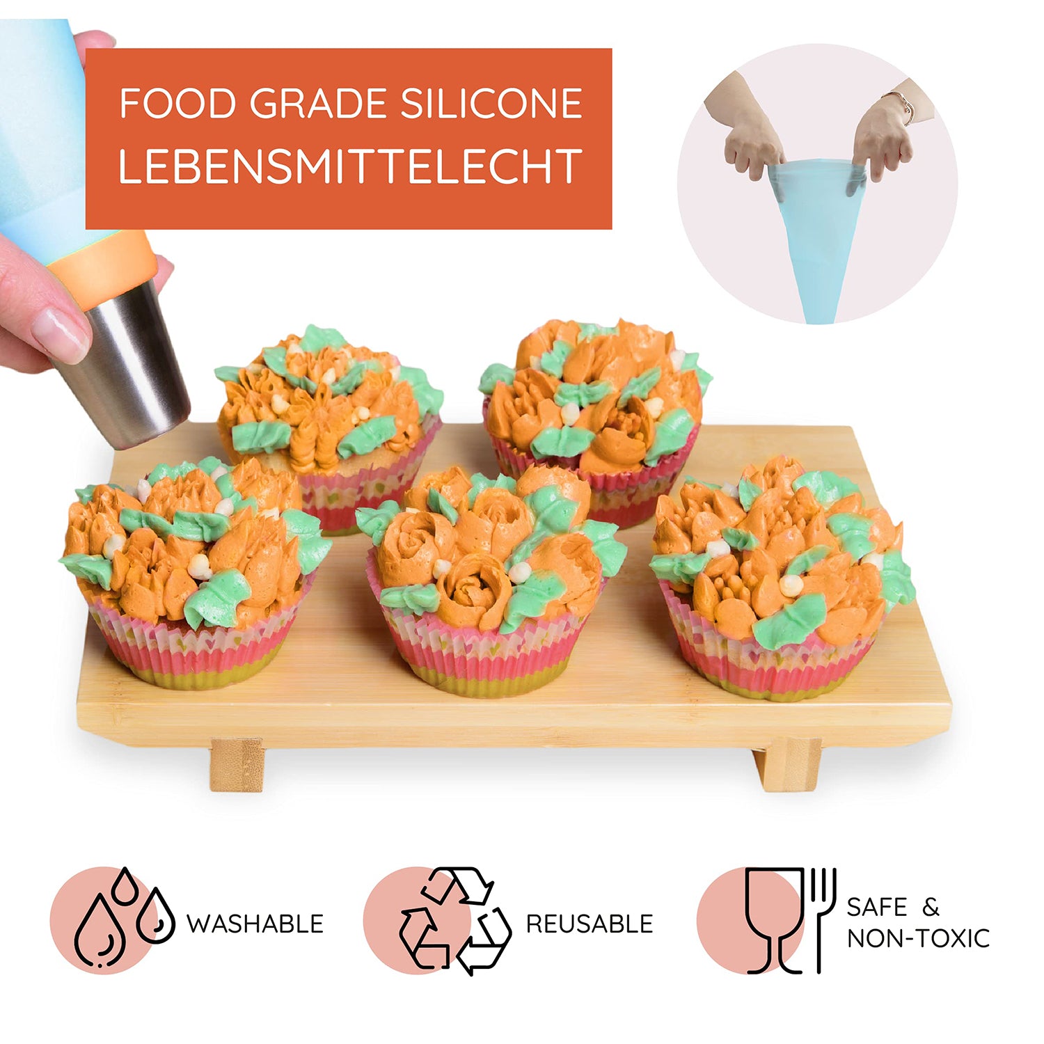 Spritzbeutel-Set mit Tüllen - 43-tlg. mit lebensmittelechten Silikonbeuteln, wiederverwendbar und leicht zu reinigen für perfekte Deko.