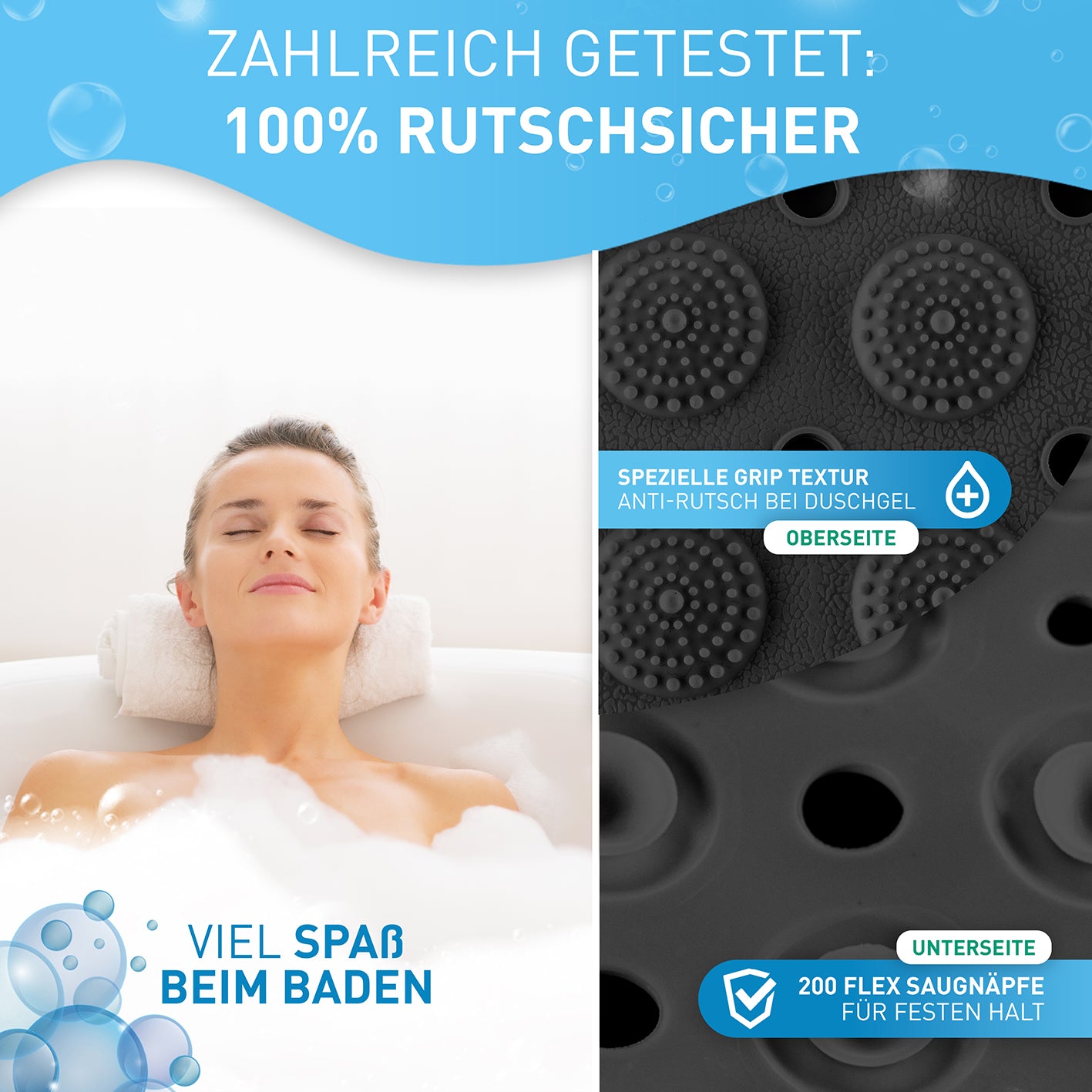 Badewannenmatte - Schwarz - 100 x 40 cm mit rutschfester Grip-Textur und 200 Flex-Saugnäpfen für sicheren Halt in der Badewanne.