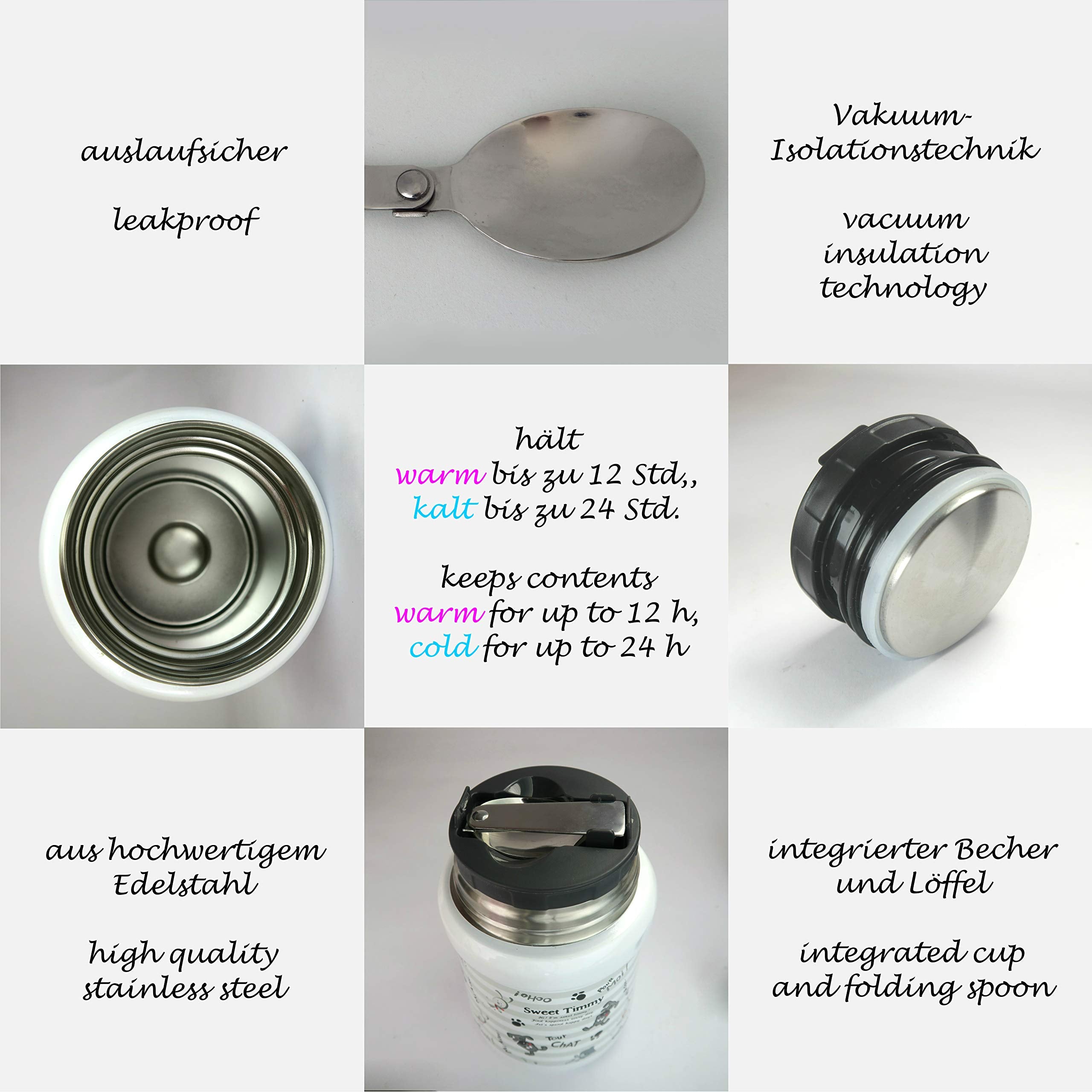 Thermobehälter - 450 ml - Edelstahl - Hunde/Grau mit doppelwandiger Isolierung, auslaufsicher, integriertem Löffel und Becher, hält warm und kalt.