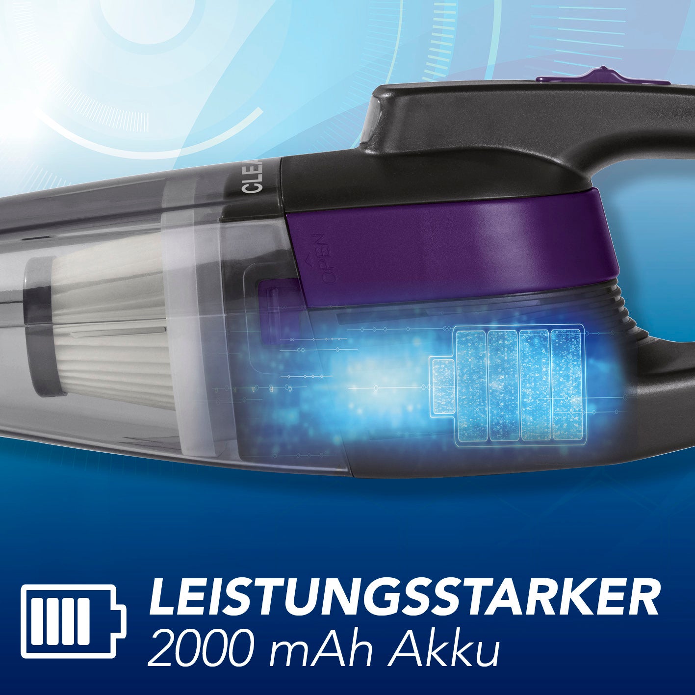 Akku-Handstaubsauger mit 2000 mAh Akku, kabellos und leistungsstark für flexible und einfache Reinigung in allen Bereichen.