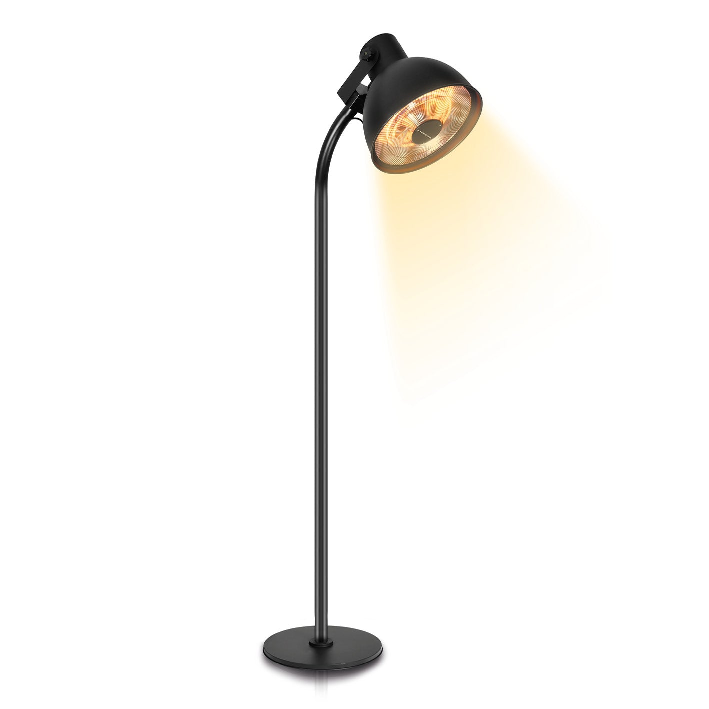 Infrarot-Heizstrahler mit Standfuß im Lampen-Design, variabel verstellbarer Kopf und drei Heizstufen für drinnen und draußen.