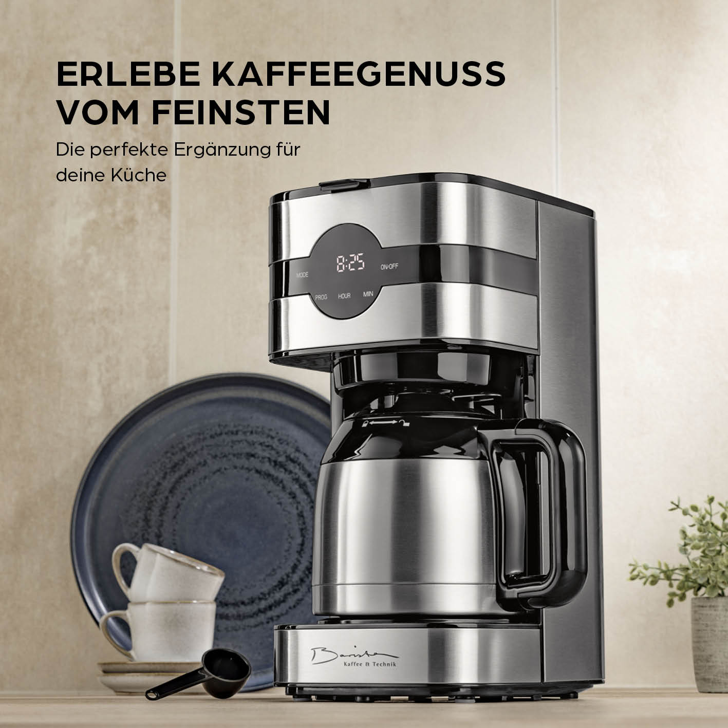 Filterkaffeemaschine Touch Iso - Silber mit doppelwandiger Isolierkanne, Timerfunktion und LED-Touchdisplay für aromatischen Kaffeegenuss.