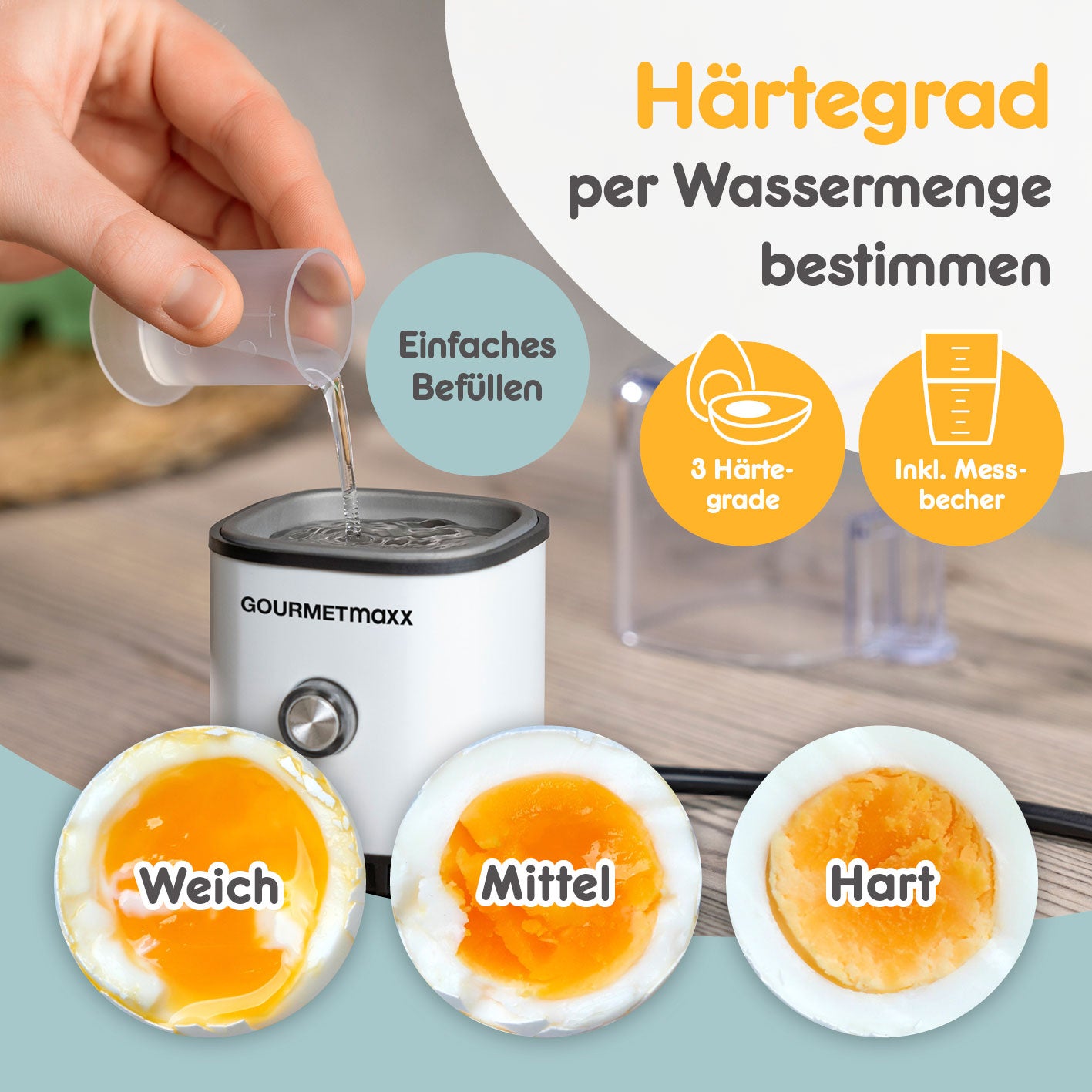 Design-Eierkocher 1 Ei - Weiß zeigt einfache Wassermenge für 3 Härtegrade von weich bis hart mit beiliegendem Messbecher.