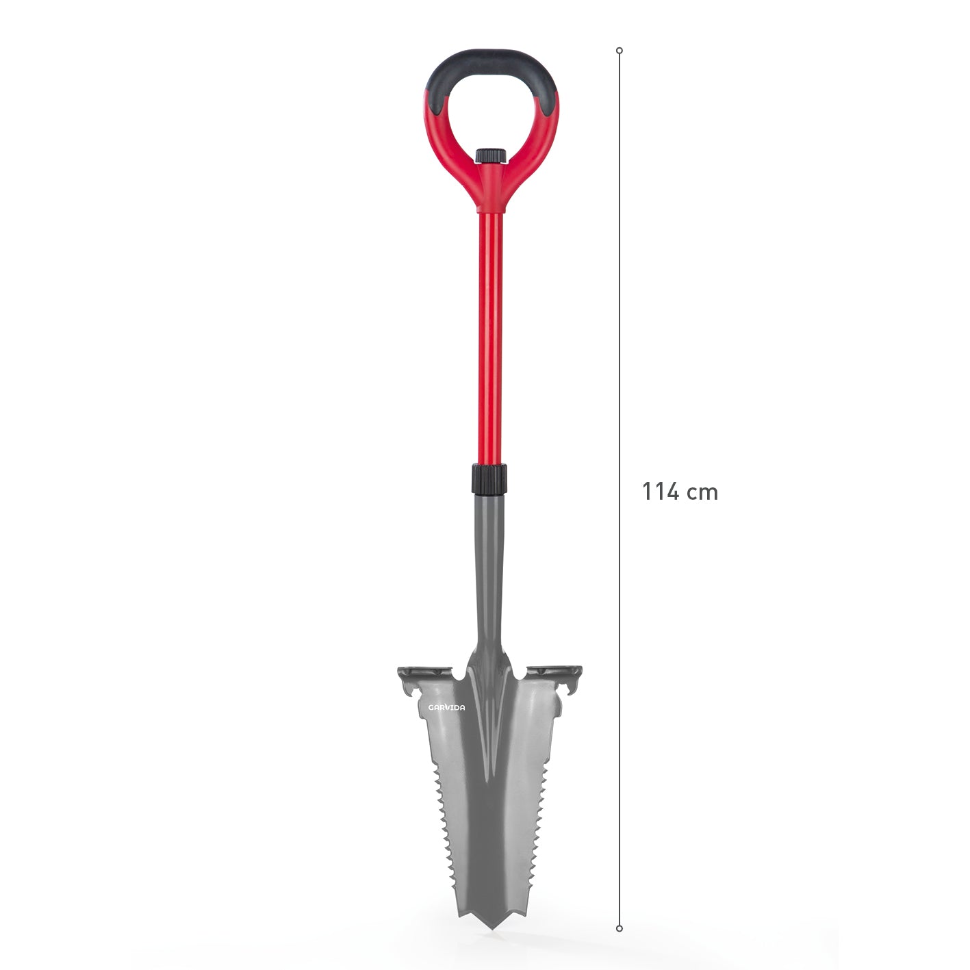 Spaten- & Wurzelsäge - 114 cm - grau/rot mit ergonomischem Griff, integrierten Sägezähnen und Trittkante zum einfachen Graben und Schneiden.