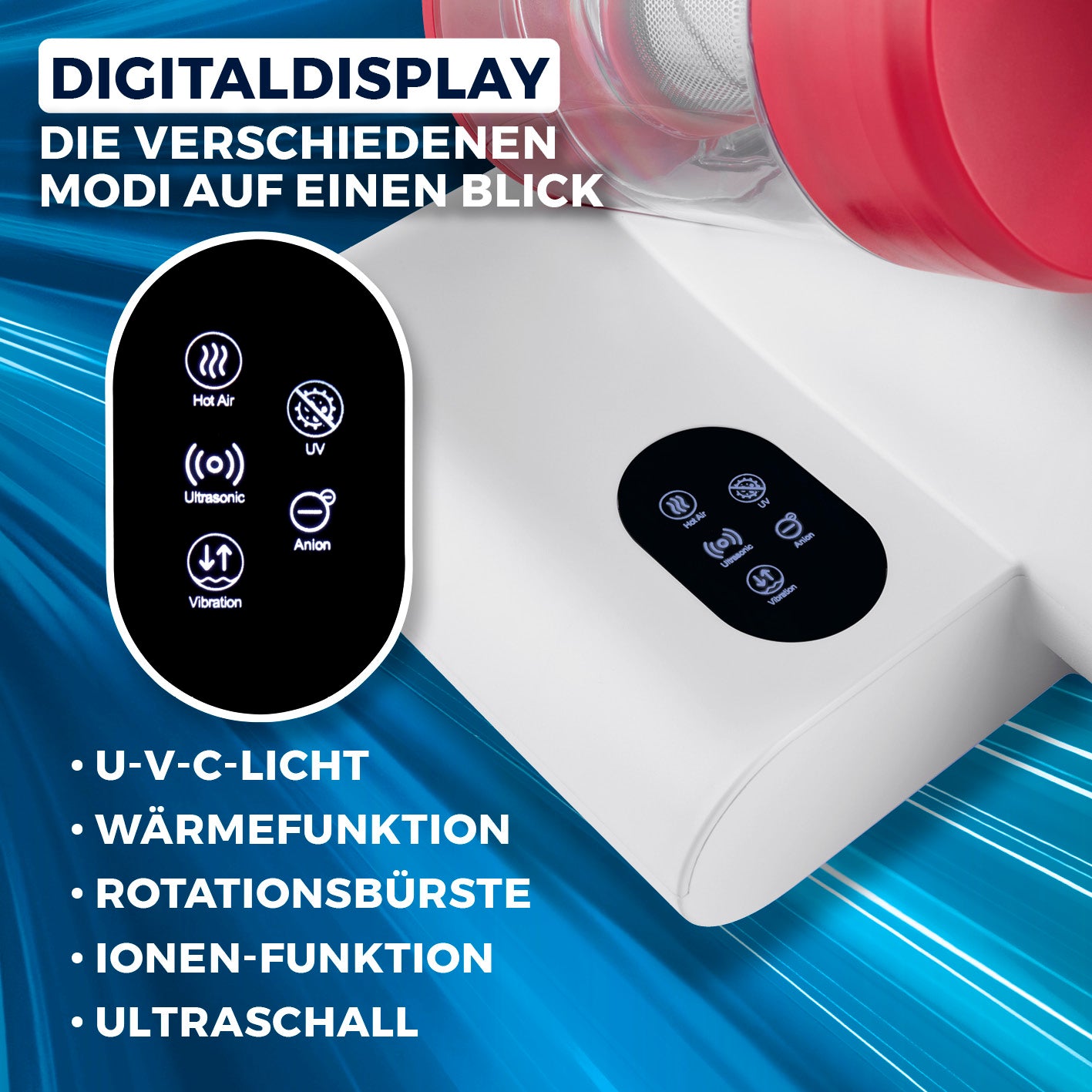 Milbensauger Rotation Rot/Weiß mit digitalem Display zeigt UV-C-Licht, Wärme, Rotation, Ionen und Ultraschallmodi an.