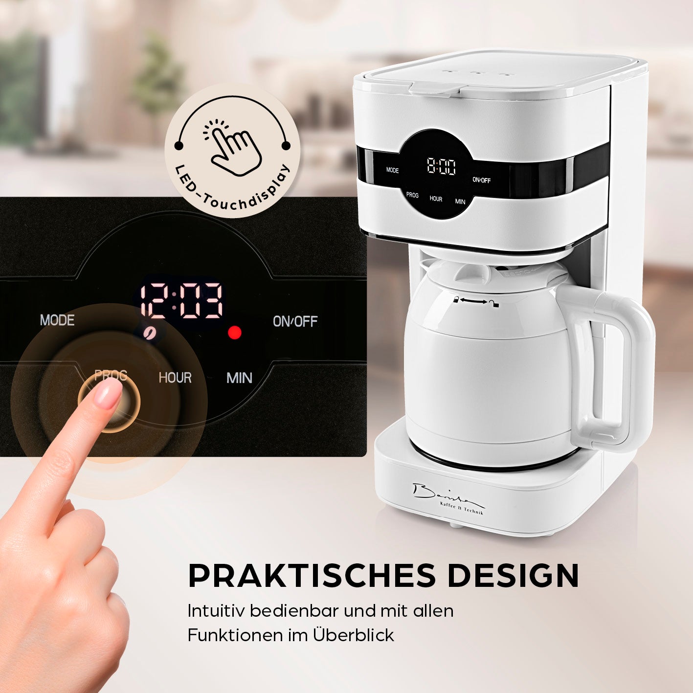 Filterkaffeemaschine Touch Iso - weiß mit LED-Touchdisplay, Timerfunktion und doppelwandiger Edelstahl-Isolierkanne.