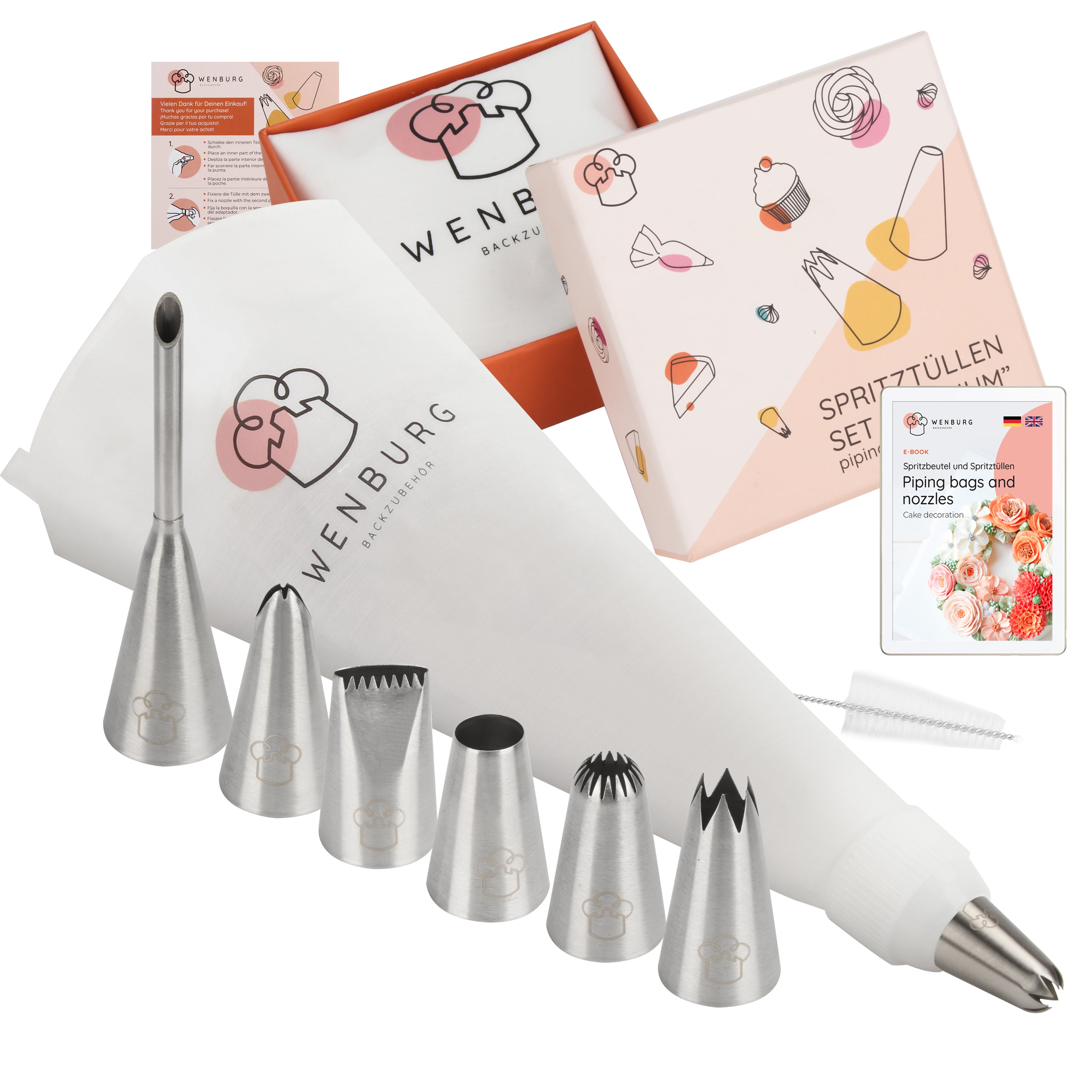 Spritzbeutel mit Tüllen - 12-tlg. Set mit rostfreien Edelstahltüllen, Baumwollbeutel, Adapter und Anleitung zum Dekorieren von Kuchen und Torten.