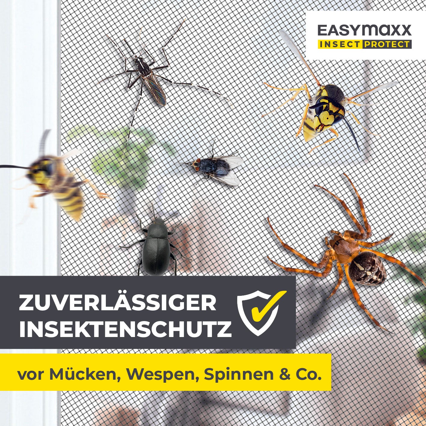 Teleskop-Insektenschutzgitter mit integriertem Netz anthrazit schützt zuverlässig vor Mücken, Wespen, Spinnen und anderen Insekten.