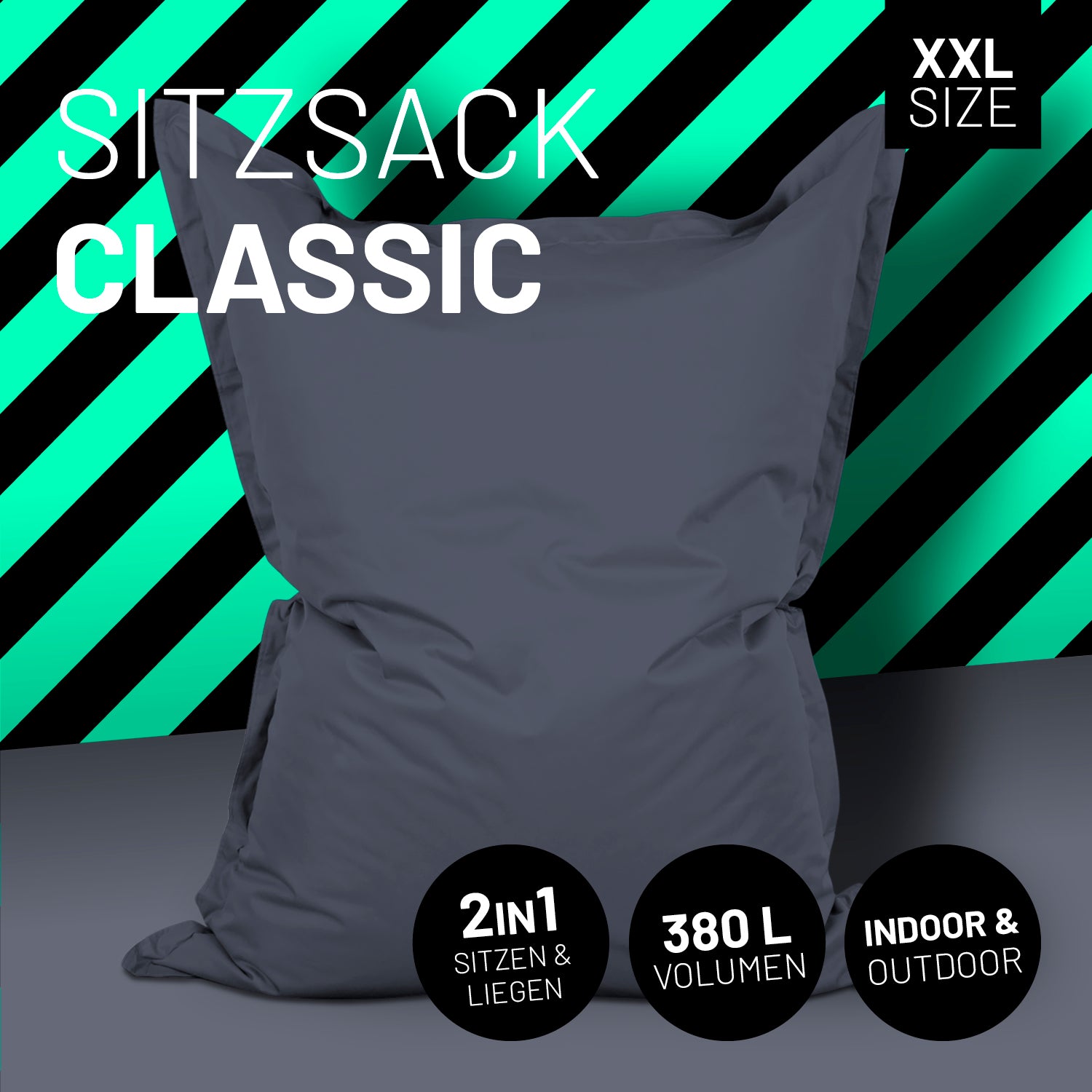 Sitzsack Classic XXL (380 L) Stahlgrau, vielseitig für drinnen & draußen, großer Komfort durch 2in1 Sitz- und Liegefunktion.