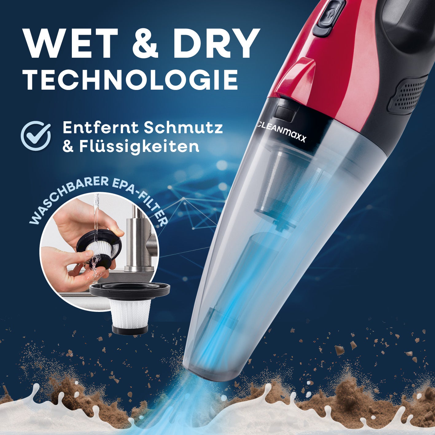 Akku-Handstaubsauger mit Nass- und Trockentechnologie, waschbarem EPA-Filter, entfernt Schmutz und Flüssigkeiten effektiv.