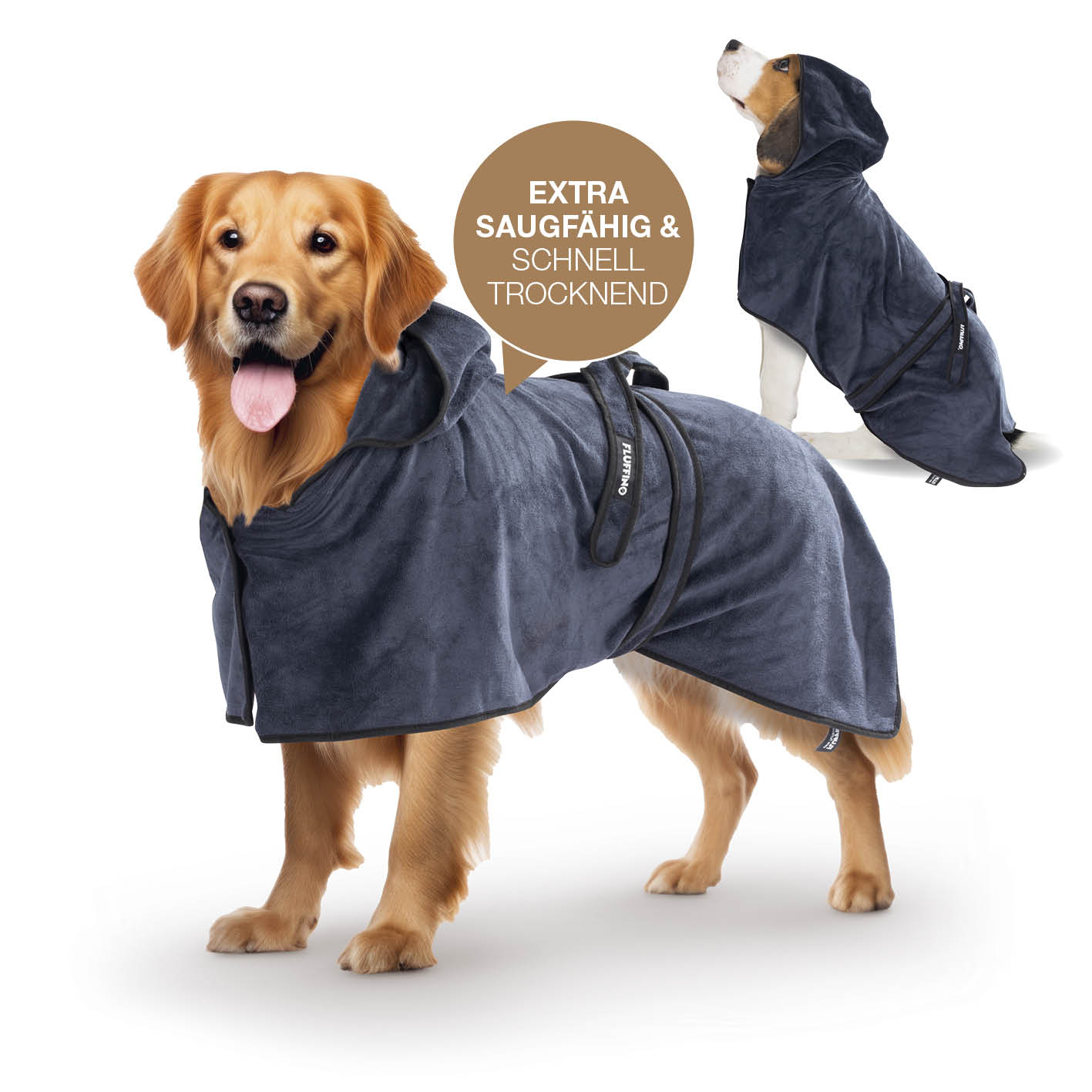 Hundebademantel - Größe L - beige/blau, saugfähig, schnell trocknend, mit Kapuze und Klettverschluss, ideal für große Hunde von FLUFFINO.