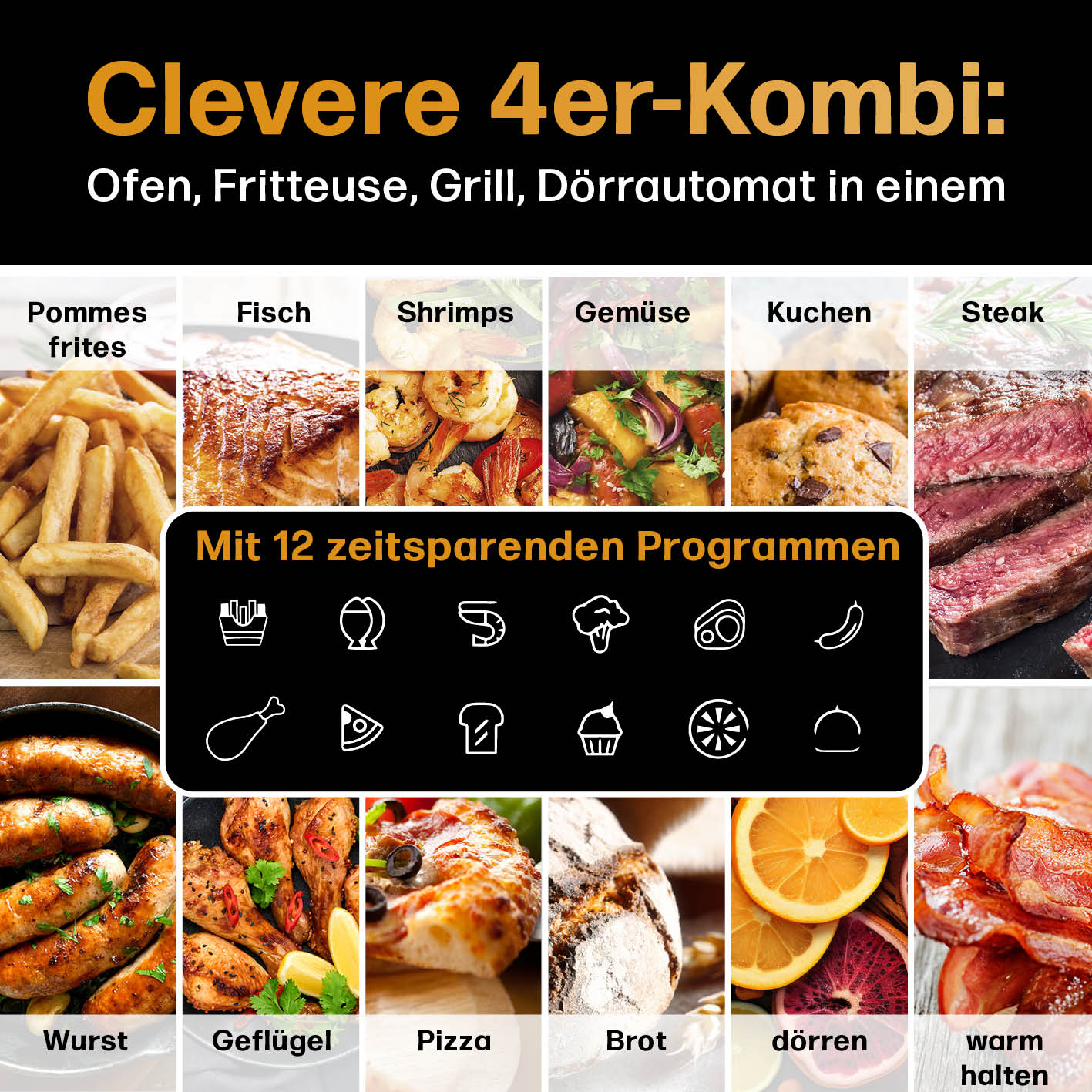 4in1-Heißluftfritteuse - 6 l mit Ofen, Grill, Fritteuse und Dörrfunktion, 12 Programme für vielseitiges, fettarmes Kochen.