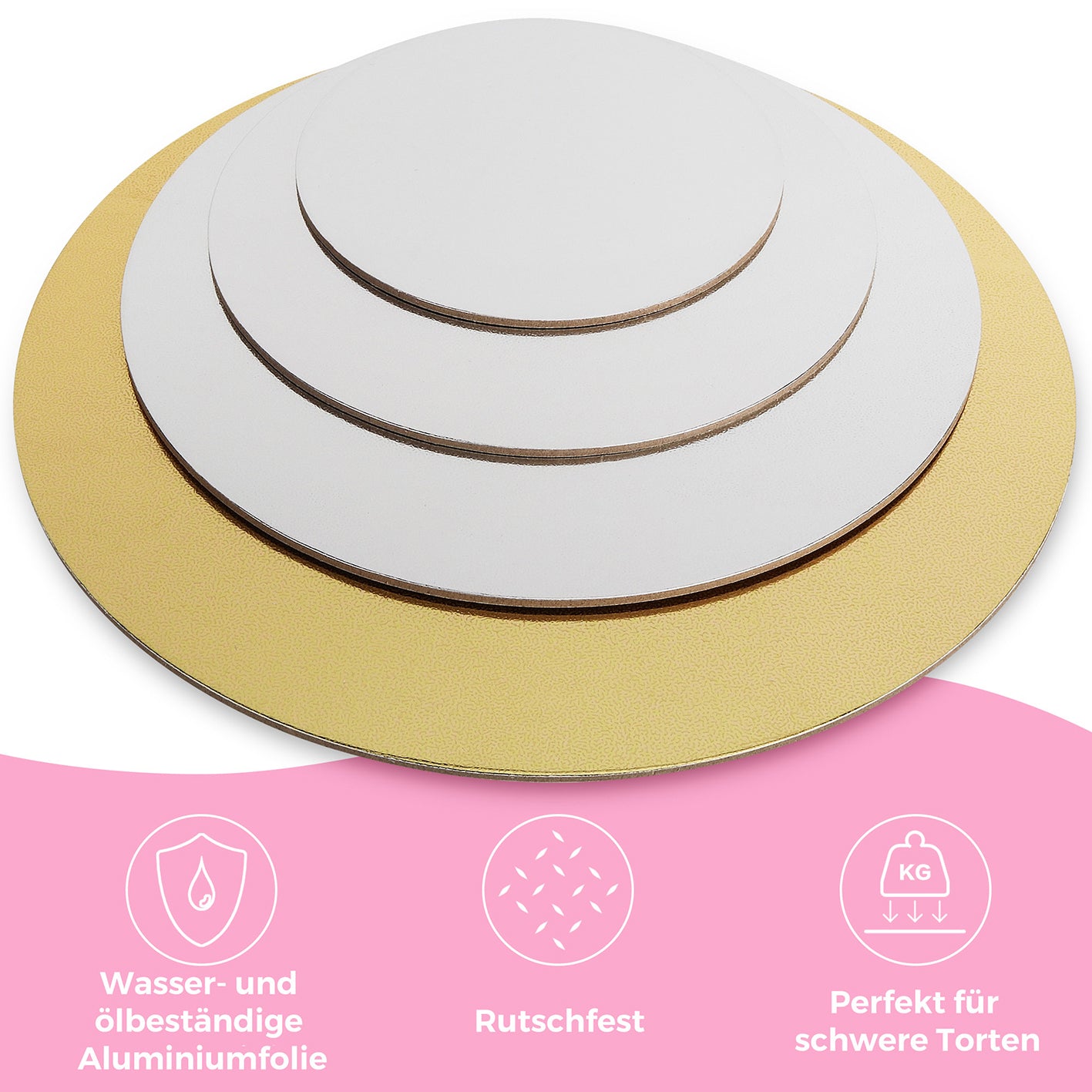 Premium Tortenunterlagen 4er-Set - Gold & Siber stabile, rutschfeste Kuchenplatten mit wasserfester Folie ideal für schwere Torten