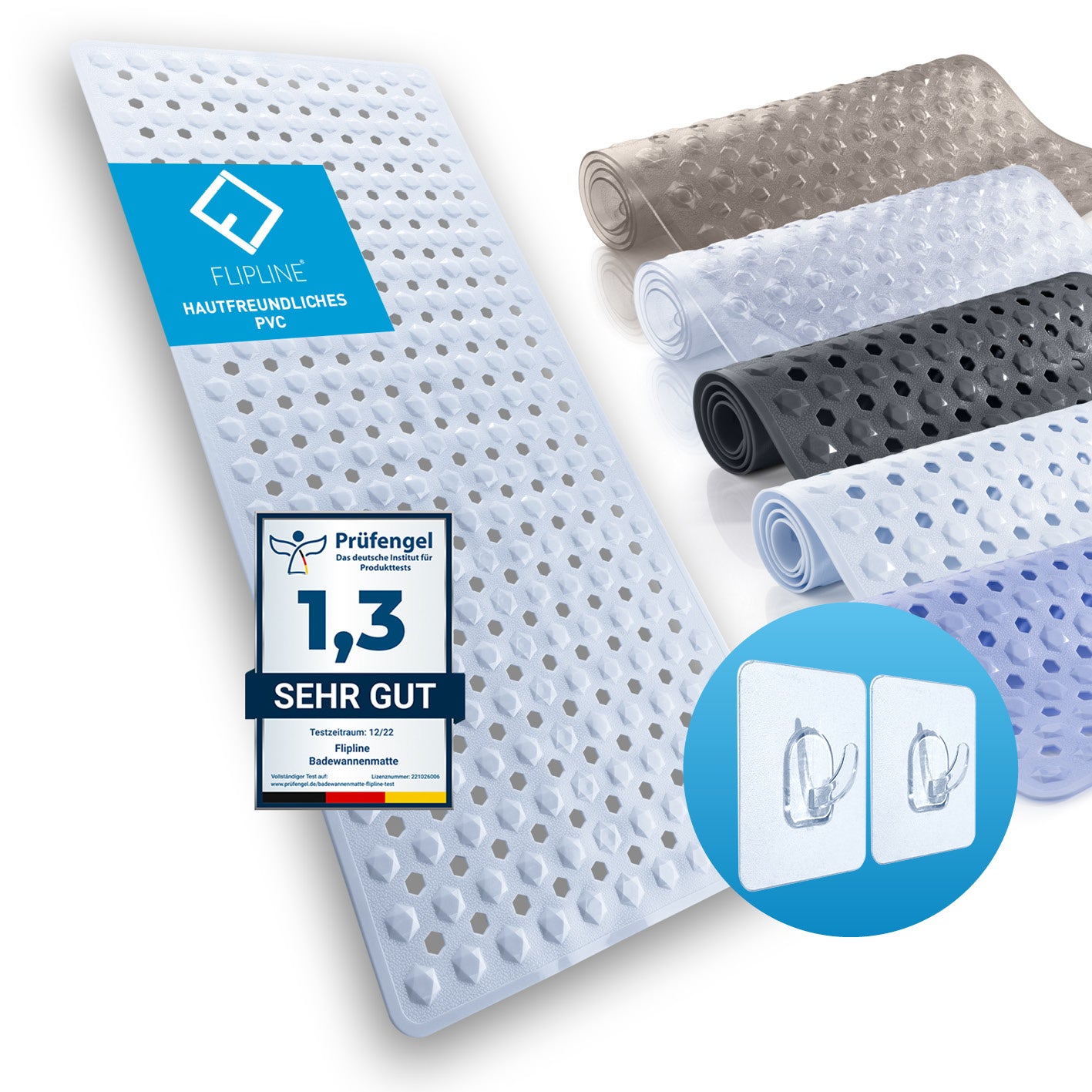 Badewannenmatte 88 x 40 cm – Weiß mit Anti-Rutsch-Struktur, Saugnäpfen und 2 Haken für mehr Sicherheit und Komfort beim Baden.