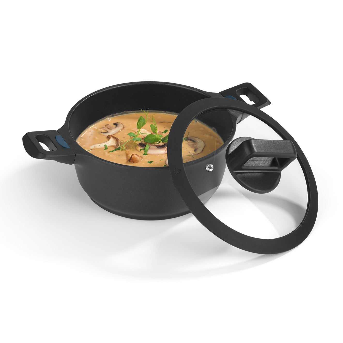 Aluguss-Kochtopf 20 cm - N8WERK Heat Indicator - Midnight Edition mit Deckel und Silikonrand, beschichtet, für alle Herdarten geeignet.