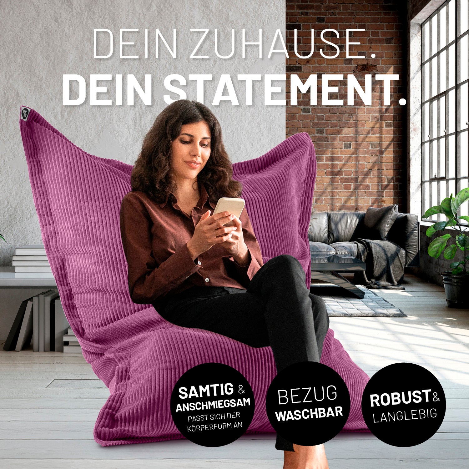 Sitzsack Classic XXL aus der LUMALAND Cord-Reihe - 380 L - 140 x 180 cm - Weinrot mit weichem Cord-Bezug und modernem Design.