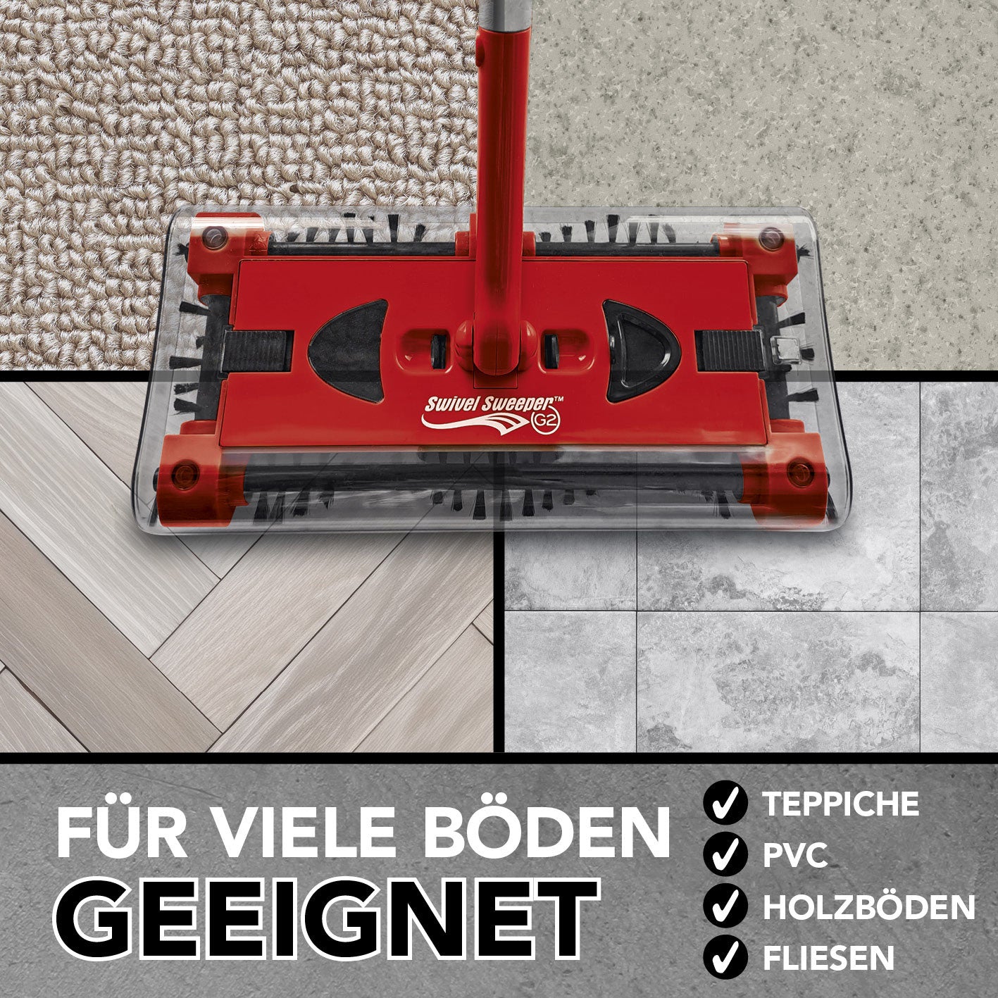 Swivel Sweeper G 2 Akkubesen kabellos - Rot mit 4 rotierenden Bürsten für Teppich, PVC, Holzböden und Fliesen