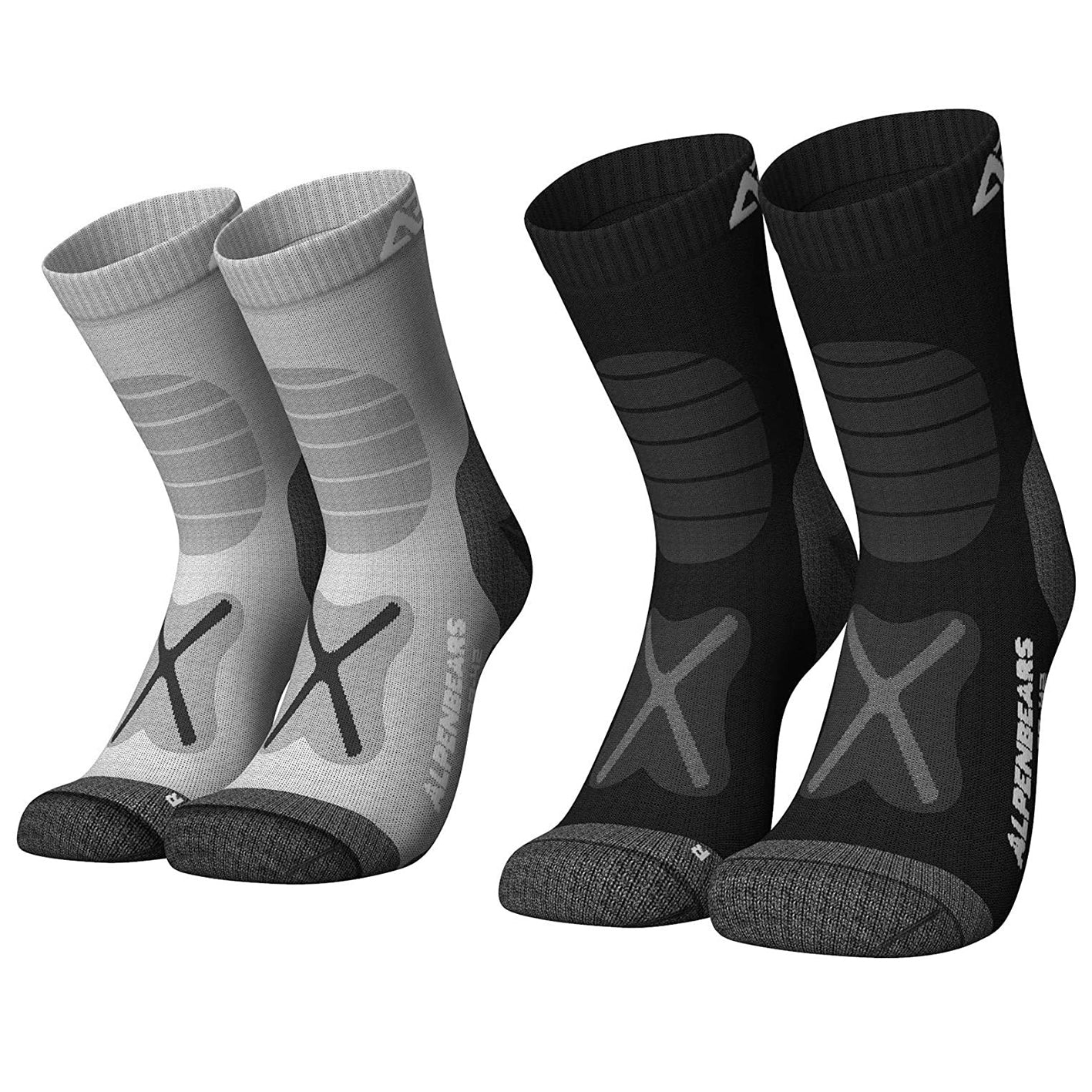 Wandersocken Merinowolle - 2er-Set Grau-Schwarz Größe 35-38 mit Polsterung, atmungsaktiv und anti-Blasen für Wandertouren.
