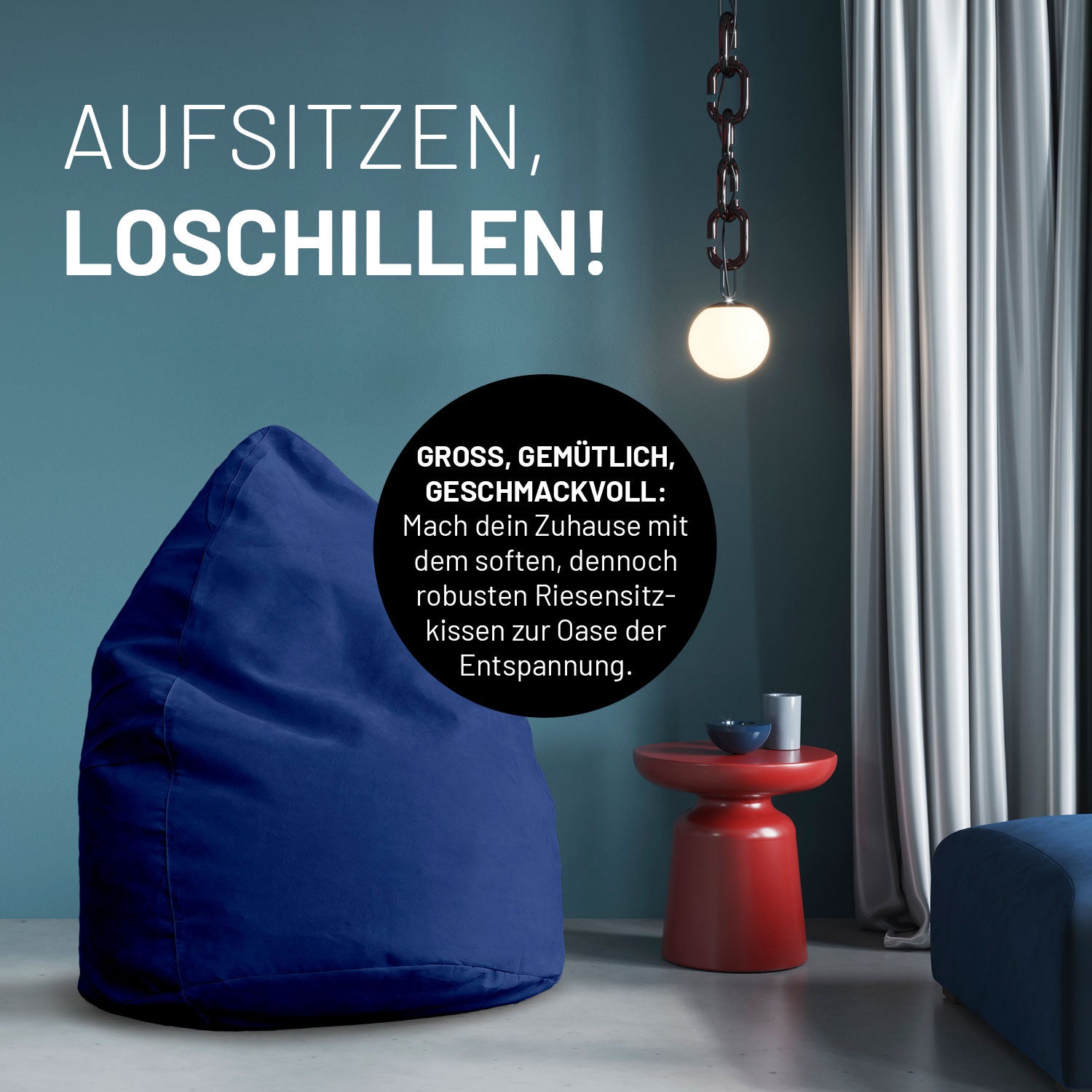 Luxury XL PLUS Sitzsack (220 L) Royalblau, großes, komfortables indoor Sitzkissen mit hochwertiger EPS Füllung und waschbarem Bezug.