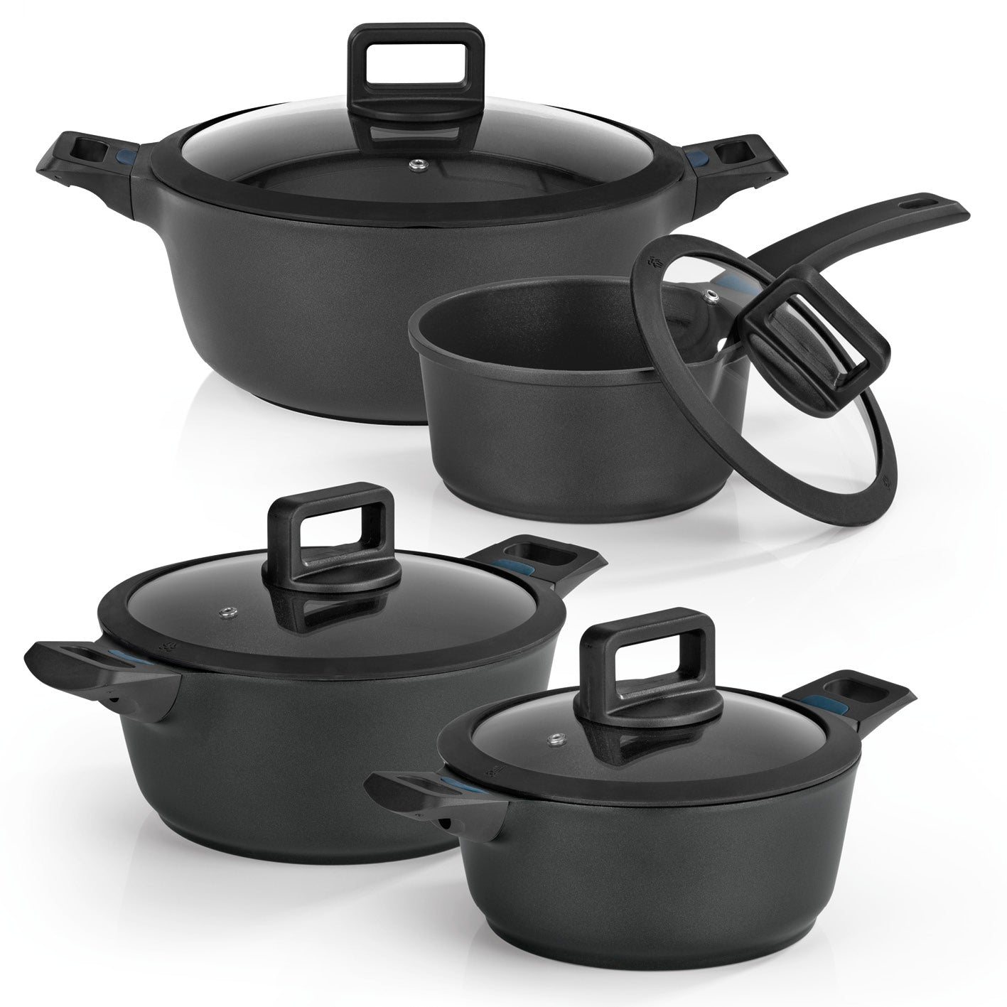 Aluguss-Topf-Set in der Midnight Edition, 8-teilig, verschiedene Größen mit Glasdeckeln, hitzebeständig, für alle Herdarten geeignet.
