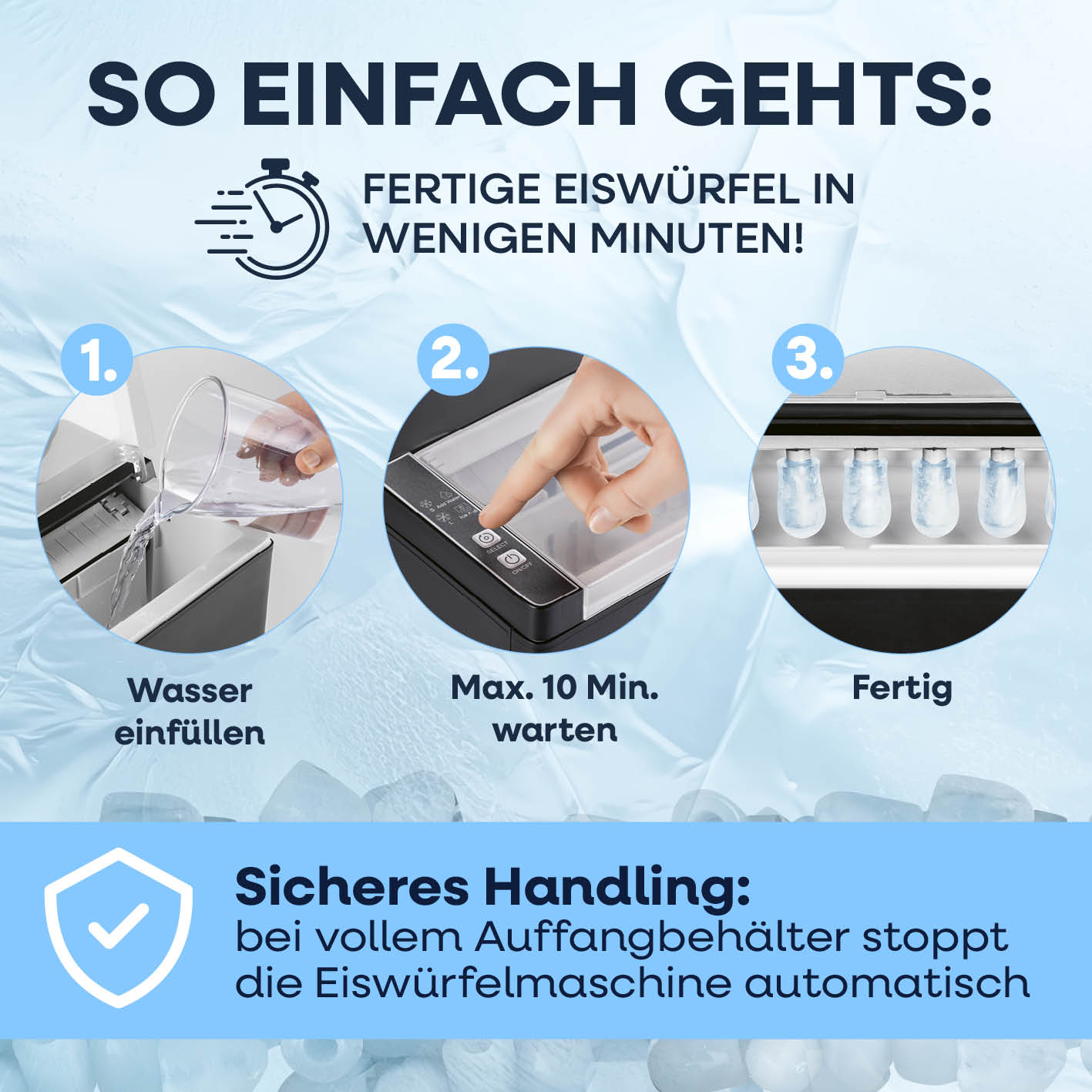 Eiswürfelmaschine inkl. Auffangbehälter & Eisschaufel – einfache Bedienung, Wasser einfüllen, 10 Min warten, Eiswürfel fertig, automatische Stoppfunktion.