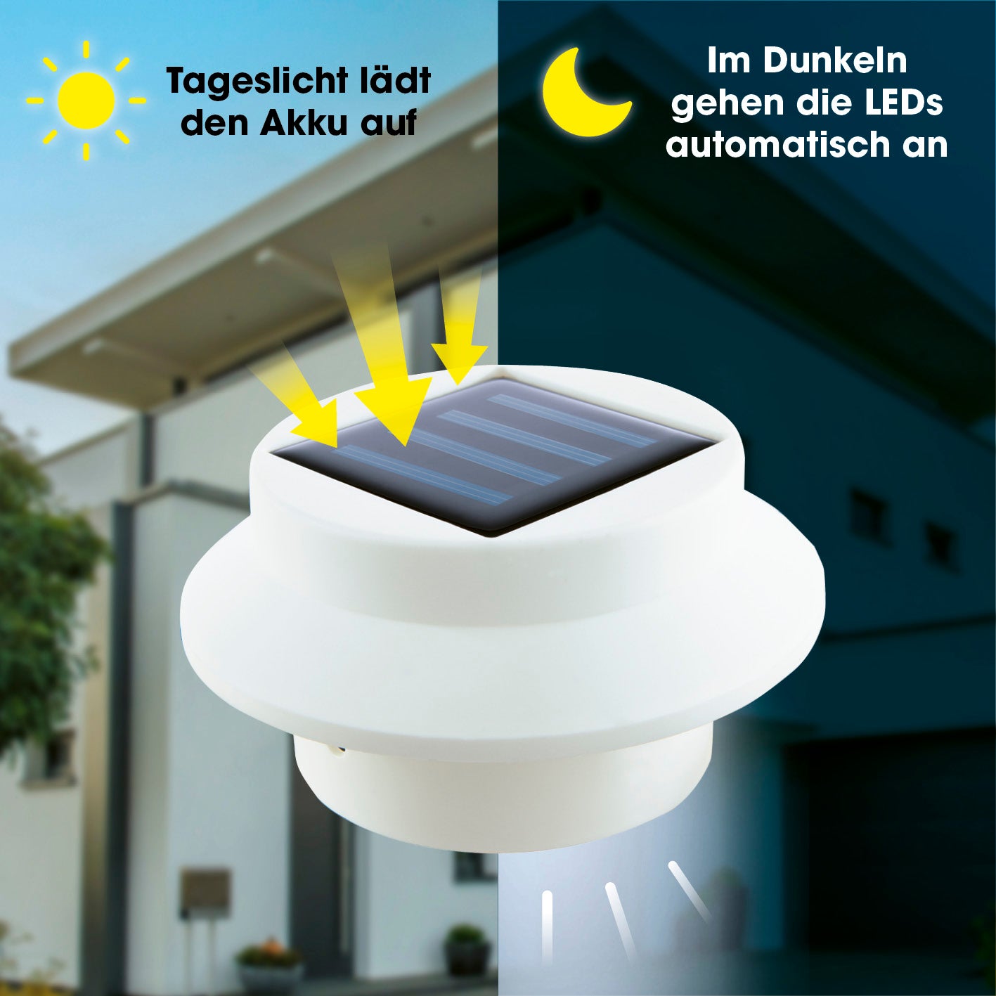Dachrinnen-Leuchten - 3er-Set mit Solarpanel und Tageslichtsensor für automatisches An- und Ausschalten bei Dunkelheit.