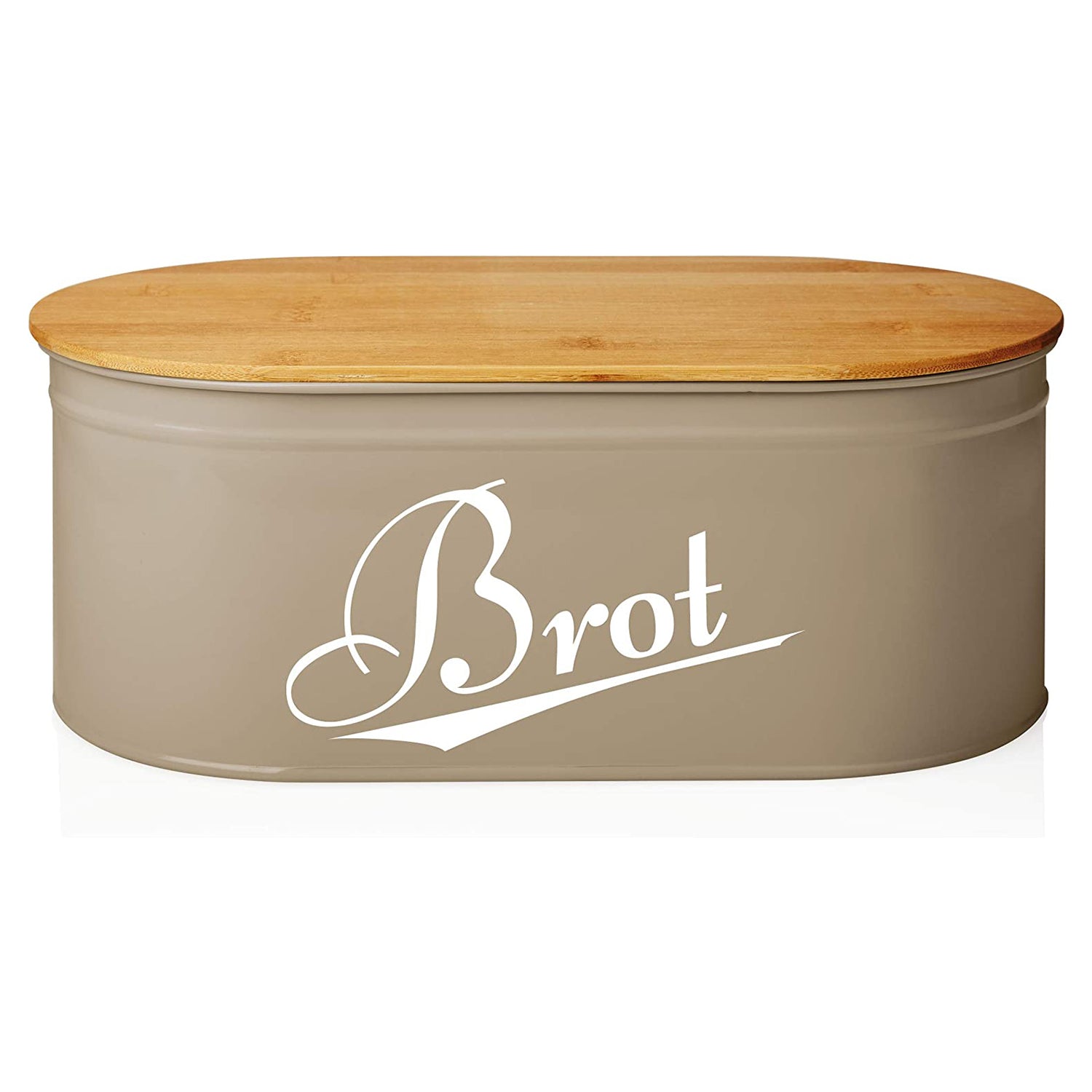 Cuisine Brotkasten aus Metall mit Bambus Deckel, oval 36 x 20 x 13,8 cm, grau, mit Brotzeit-Schriftzug und praktischer Luftzirkulation.