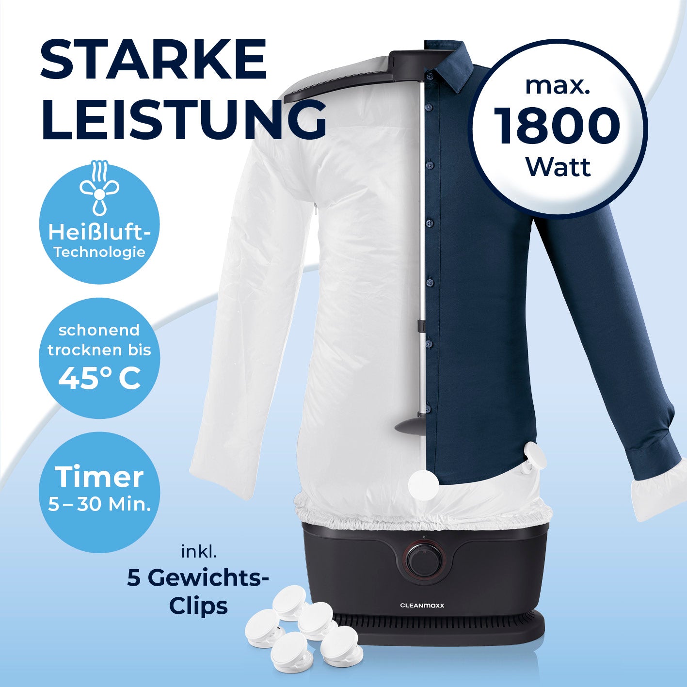 Hemdenbügler PRO - Schwarz mit max. 1800 Watt, Heißluft-Technologie, Timer & 5 Gewichts-Clips für faltenfreie Hemden in 10 Min.