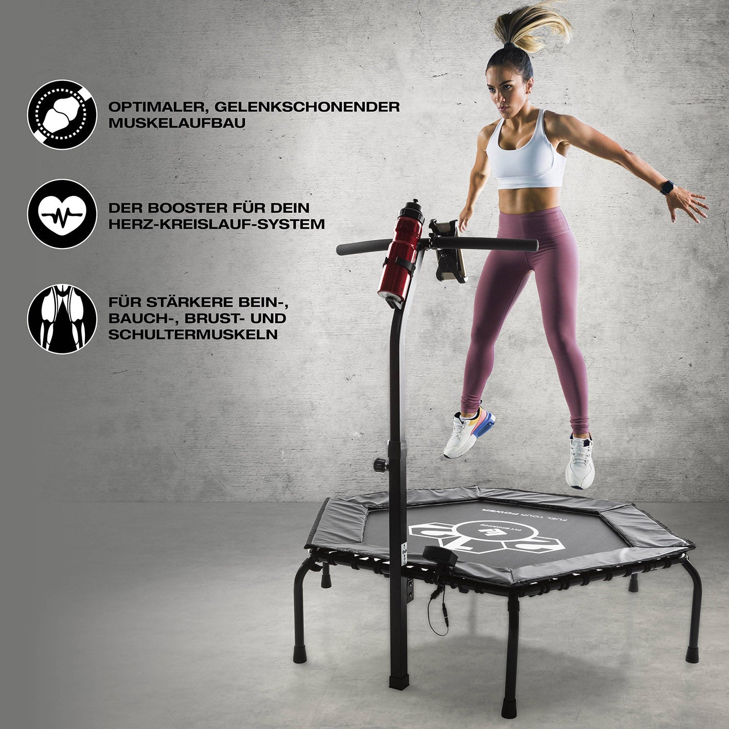 Fitness-Trampolin Smart - 5-fach höhenverstellbarer Haltegriff mit Trainingscomputer und rutschfesten Füßen für effektives Workout.