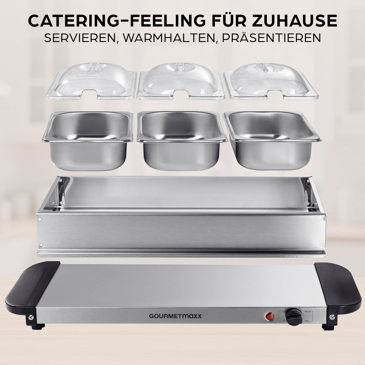 Buffetwärmer – 3 × 1,5 l aus Edelstahl mit 3 Warmhalteschalen und stufenlos einstellbarer Temperatur von 40 bis 80 Grad Celsius