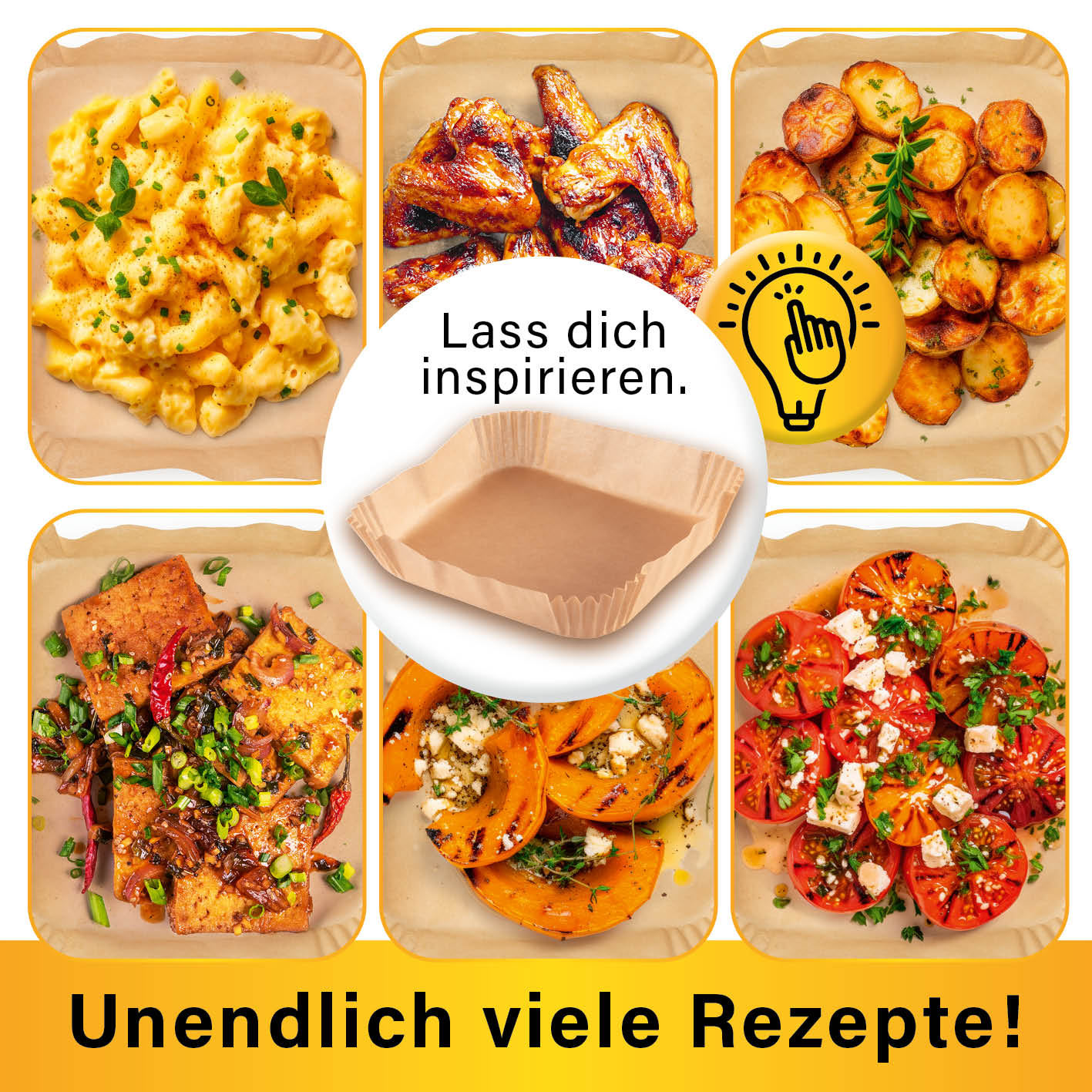Backpapierschalen für Heißluftfritteusen (2–5 l) – 50 Stück, hitzebeständig, antihaftbeschichtet, robust und fettabweisend.