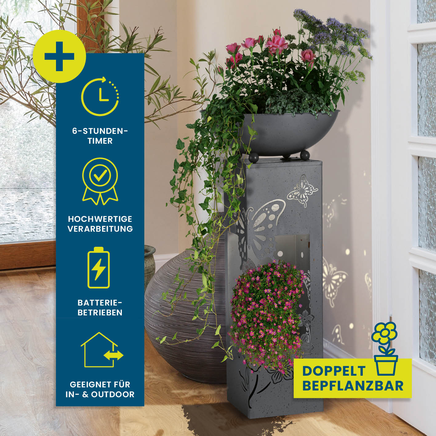 LED Pflanzsäule in 3D Beton-Optik mit Schmetterling-Design, LED-Beleuchtung, abnehmbarer Pflanzschale, batteriebetrieben, indoor und outdoor nutzbar.