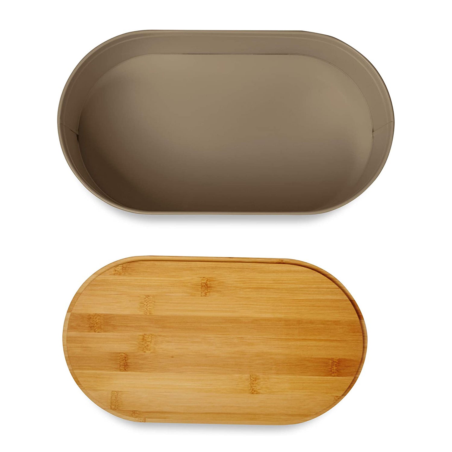 Cuisine Brotkasten aus Metall mit Bambus Deckel - Oval 36 x 20 x 13,8 cm - Grau mit multifunktionalem Schneidebrettdeckel.
