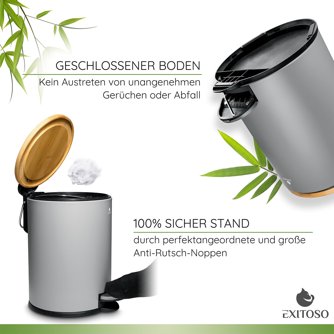 Tretmülleimer mit Softclose-Deckel - 3 l - Grau mit geschlossenem Boden und Antirutsch-Noppen für sicheren Stand und Geruchsschutz.