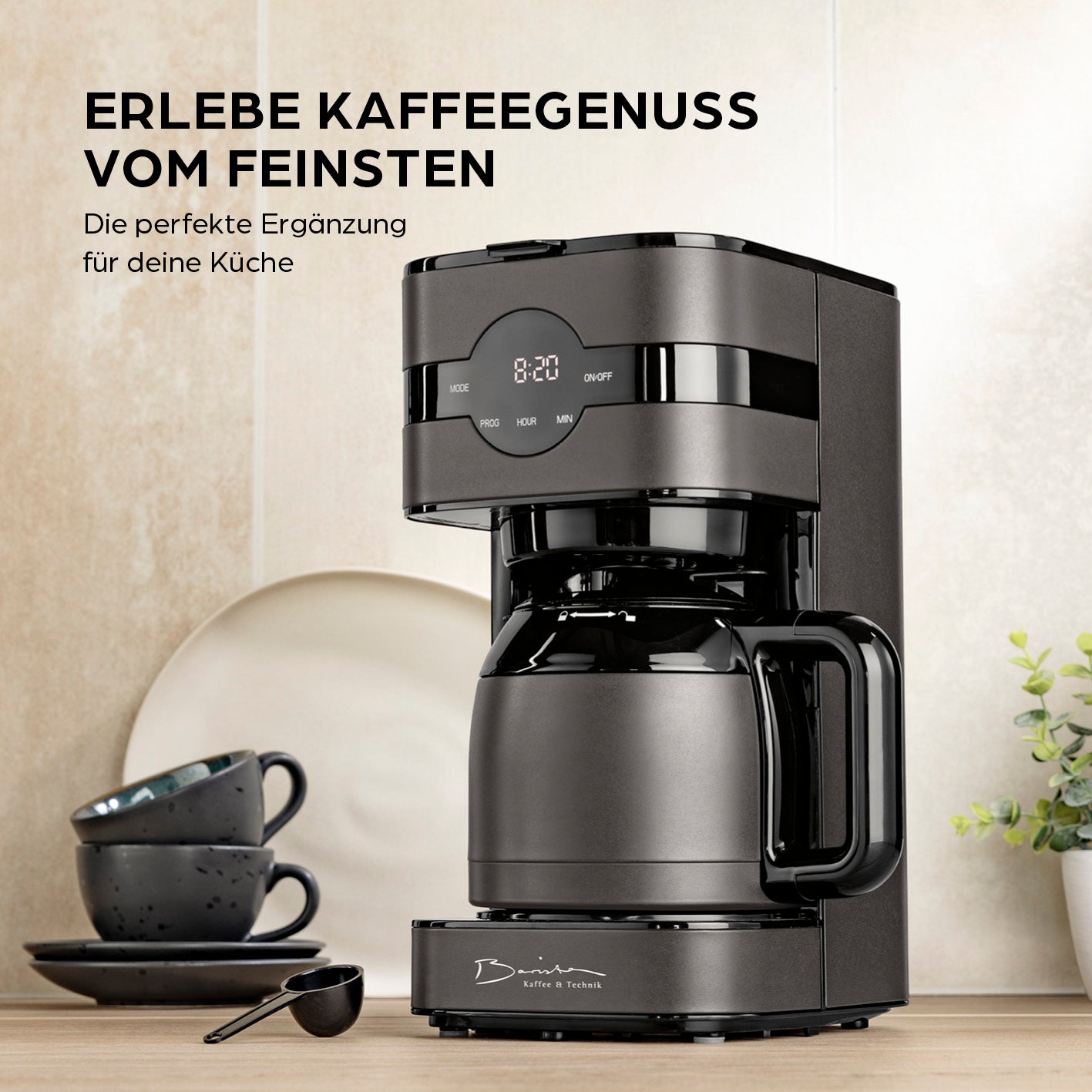 Filterkaffeemaschine Touch Iso - Grau mit doppelwandiger Edelstahl-Isolierkanne und Timerfunktion für perfekten Kaffeegenuss.