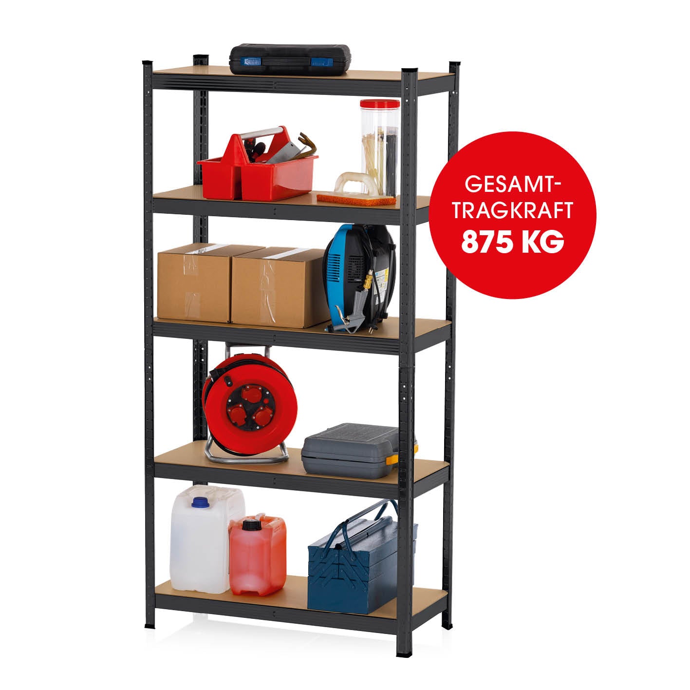 Schwerlastregal & Werkbank - 180 x 90 x 40 cm - 875 kg Traglast, 175 kg pro Ebene, robustes Metallregal mit fünf belastbaren MDF-Platten.