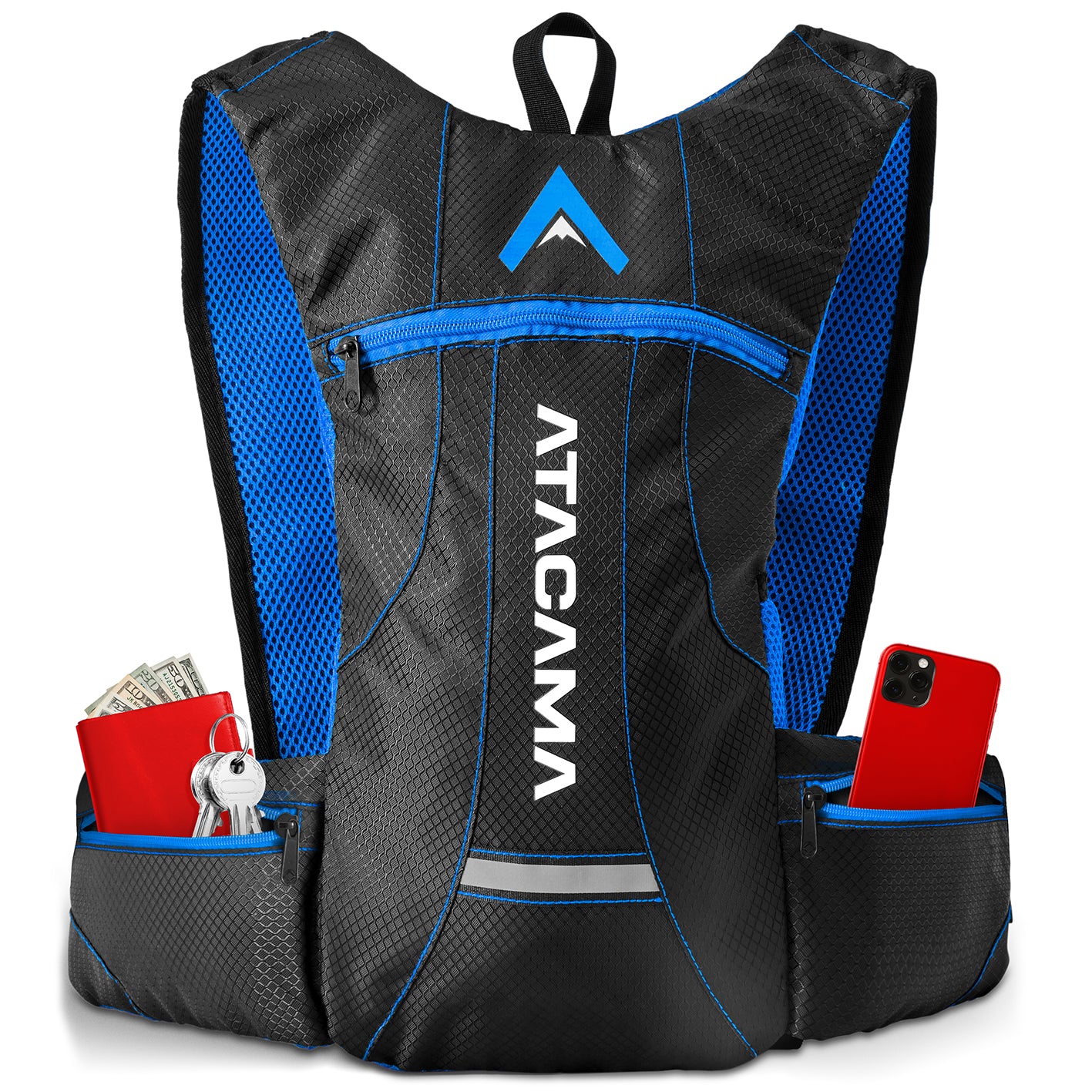 Trinkrucksack für 2 L Trinkblase - Blau, leichter Rucksack mit Netzfächern, reflektierenden Elementen und Polsterung für Sport und Outdoor.