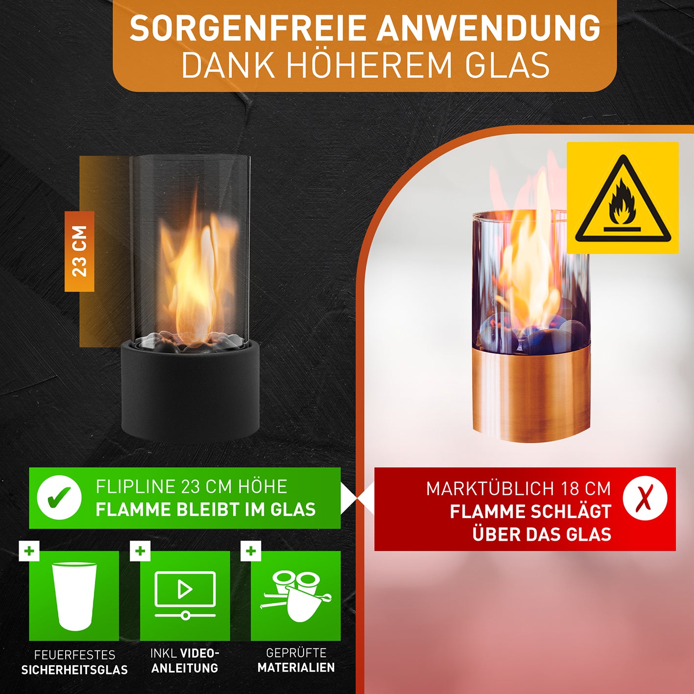 Indoor-Tischkamin - Schwarz mit 23 cm feuerfestem Glas für sichere Flamme und gemütliche Wärme im modernen Zuhause.